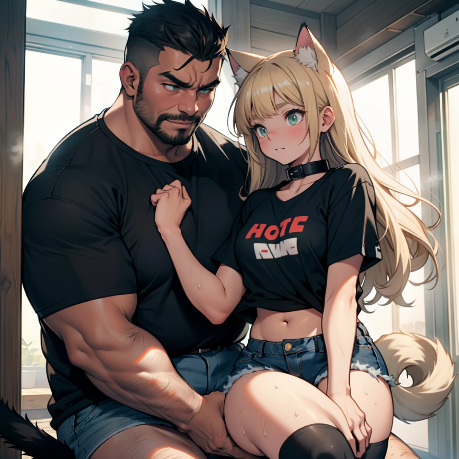 dim room,Petite girl being patted on the head by fat uncle,Blonde girl disguised as a cat,Girl by Uncle's Side,petite girl in,Girl wearing a collar,Girl with green eyes,flat chest,Shy look,Red face,Girl with a tail,Navel Ejection、Girl in black shirt,Girl in tight-fitting clothes,Girls in low-rise denim,Girl in black knee socks,Man stroking a girl's head,Fat Man,Black-haired man,Man with big face,Sweating,Steaming