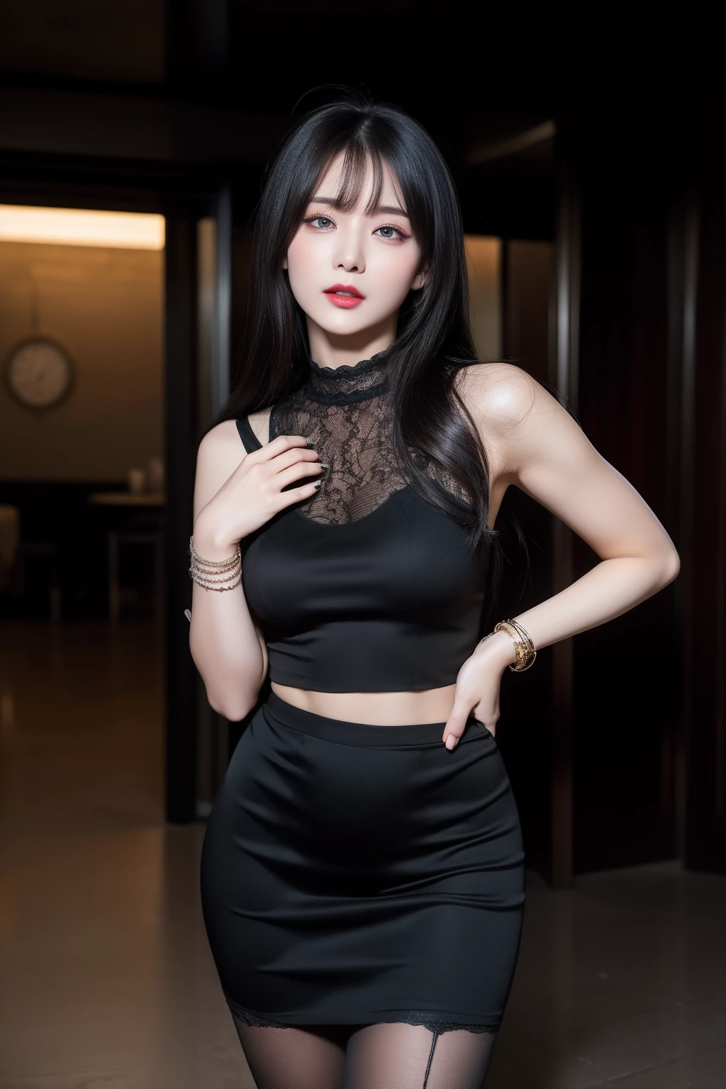 (8k，realisticlying，A detailed，Very detailed faces)
Outside the hospital，Her posture is somewhat incongruous。She has long black hair，scattered land 披在shoulder上，A few strands of hair are mixed with bizarre colors，Like bright red drops of blood。Her eyes were bright and wild，There is a strange morbid glow。The makeup is extremely intense，Lilac eyeshadow outlines her succubus-like eyes。A crimson liquid lipstick fell from the corner of her mouth，Let her smile carry a palpitating evil。Wearing a black dress，The tight fit sets off her curvy figure。The hem of the skirt is inlaid with a weird lace，As if hinting at her deep perversion。On slender fingers，Wearing a black bracelet，With sharp thorns。From time to time, the bracelet glows glow，It's chilling。Wearing a pair of black high heels on his feet，The heel is unusually sharp，Make a screeching sound。Every step she took，All with a provocative gesture，As if releasing its own perverted aura to the world。There is something irresistible about her hidden in her。