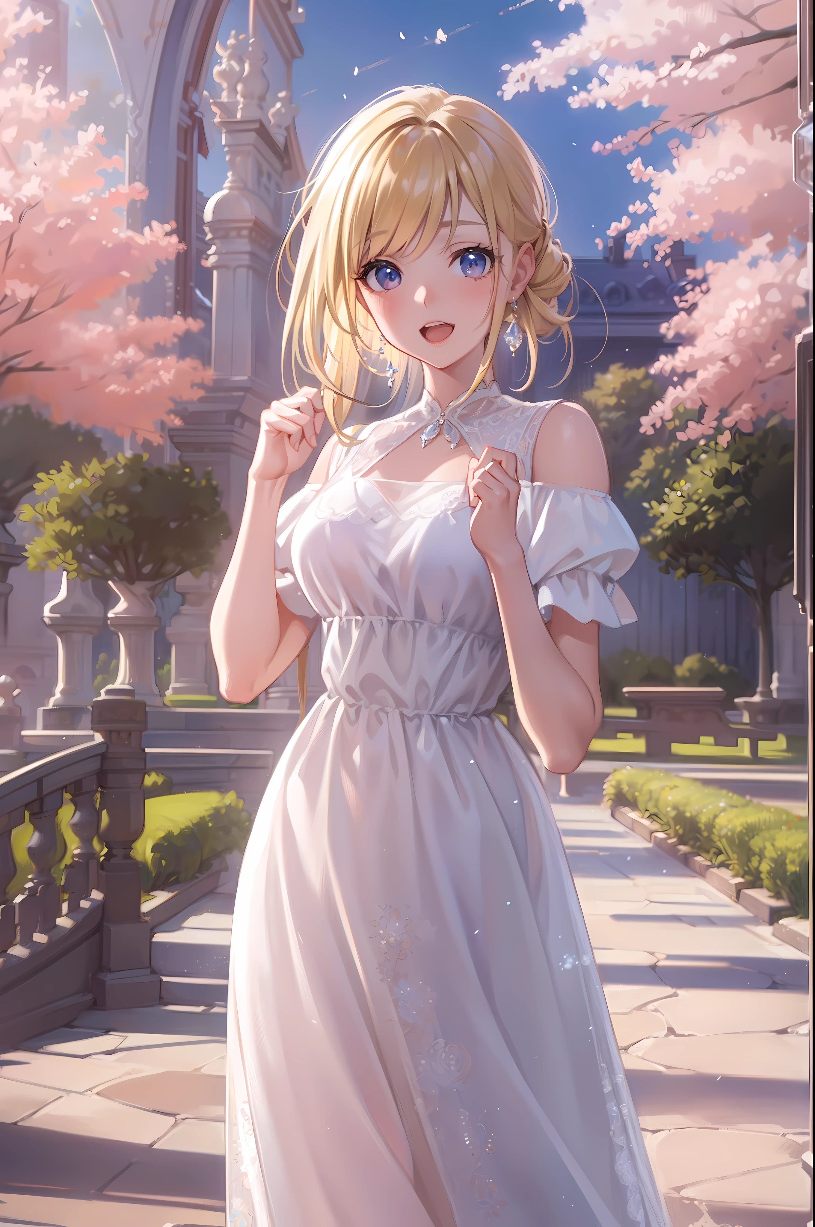 (Masterpiece:1.2), Best quality, A high resolution, Original, (Extremely detailed:1.2), Ultra-detailed, the wallpaper, Perfect lighting,(Extremely detailed CG:1.2), 8K, 1girl, blond hair, (White dress:1.21), Stand, A park, day