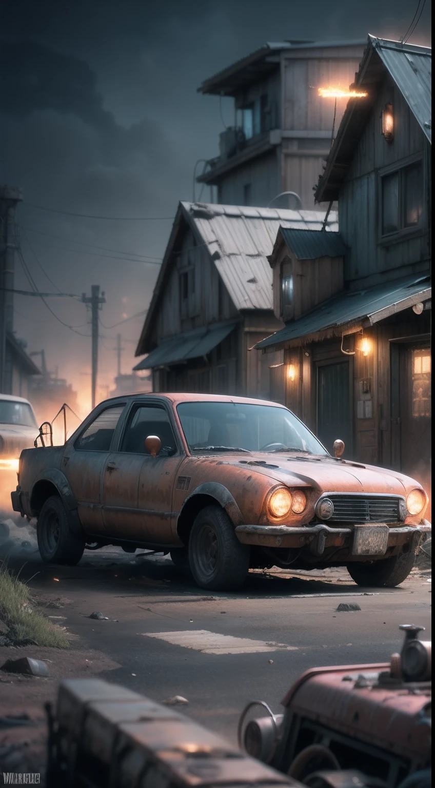 Rusty old cars on the block,In the background is a wooden shed with a sheet metal roof. author:pascal blanche, Neil Blevins, tomas kinkade, The apocalyptic palette, trending on artstationh, Photorealistic, neon atmosphere, Ultra detailed, High definition, Depth of field, Bokeh, rubble, Wild vegetation, building crumbling