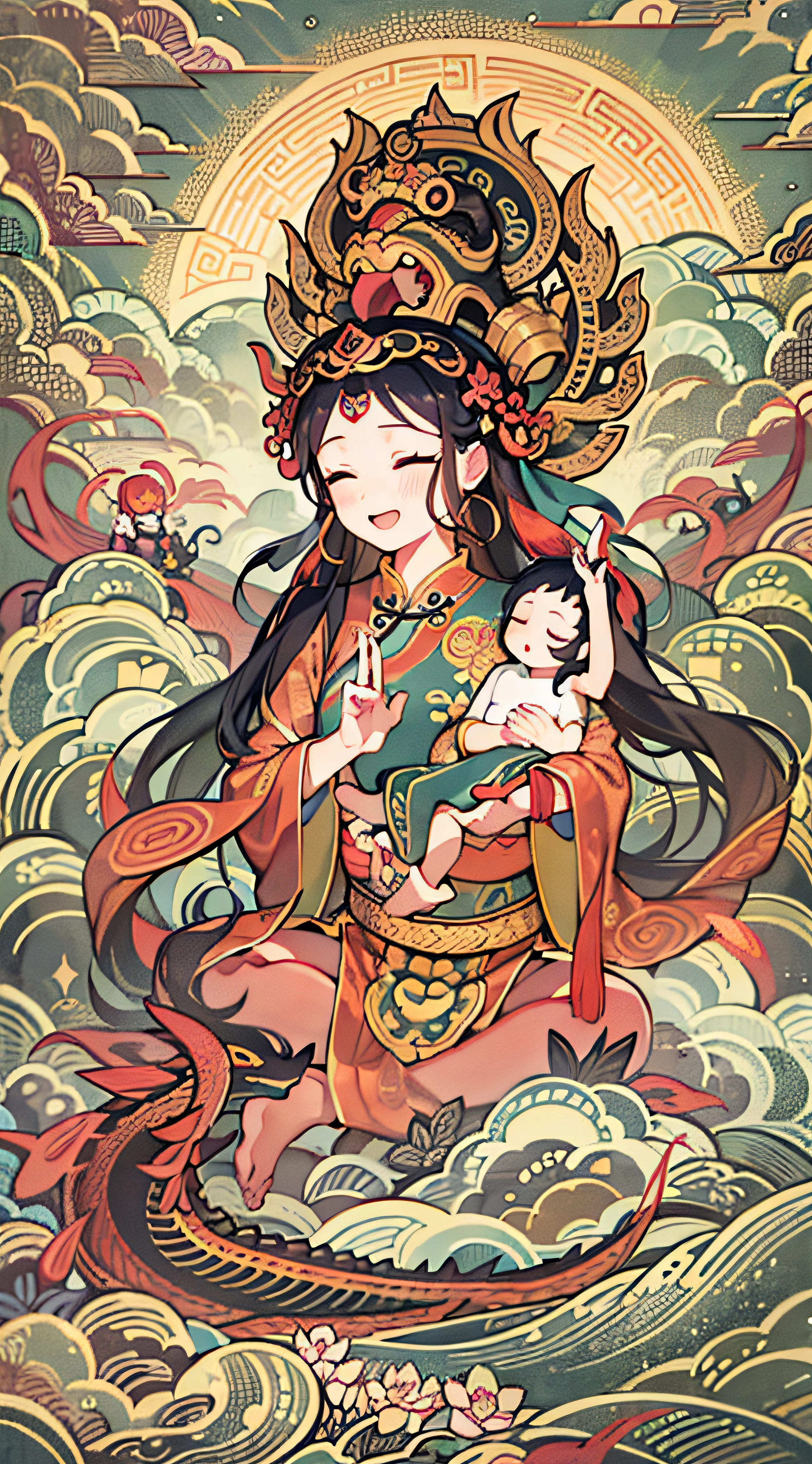 an ancient Chinese goddess, guanyin of the southern seas, Guanyin, Inspired by India, Avalokiteshvara rides a dragon,Holding a baby boy,baby, Little boy,(Black color hair),Crown on head,Send Zi Guanyin,Serene expression,shui mo hua,Buddha,Buddhist,Lotus,Chinese painting style,Thangka style
