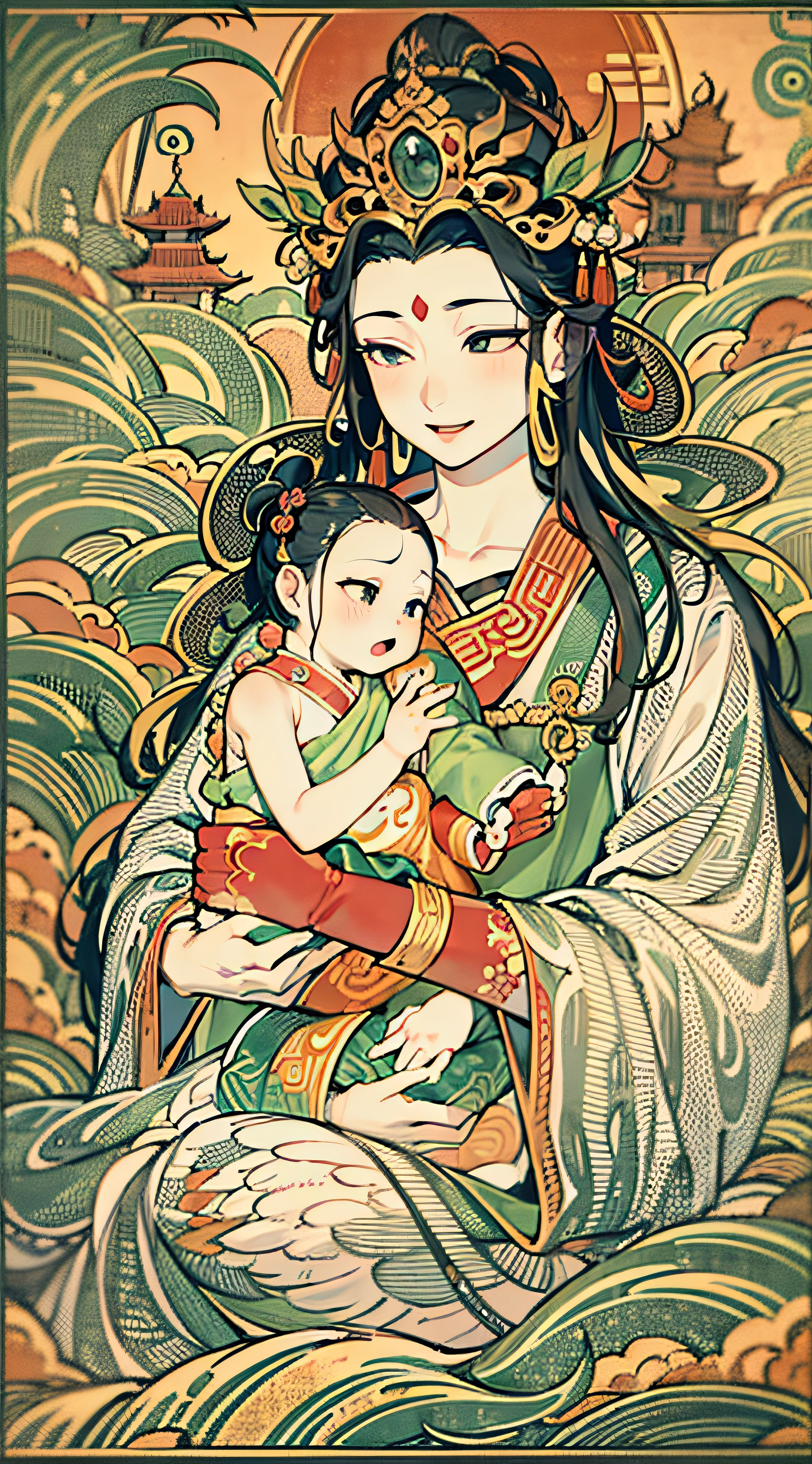 an ancient Chinese goddess, guanyin of the southern seas, Guanyin, Inspired by India, Avalokiteshvara rides a dragon，Holding a baby boy，baby, **********,（Black color hair），Crown on head，Send Zi Guanyin,Serene expression,shui mo hua,Buddha,Buddhist,Lotus,Chinese painting style,Thangka style