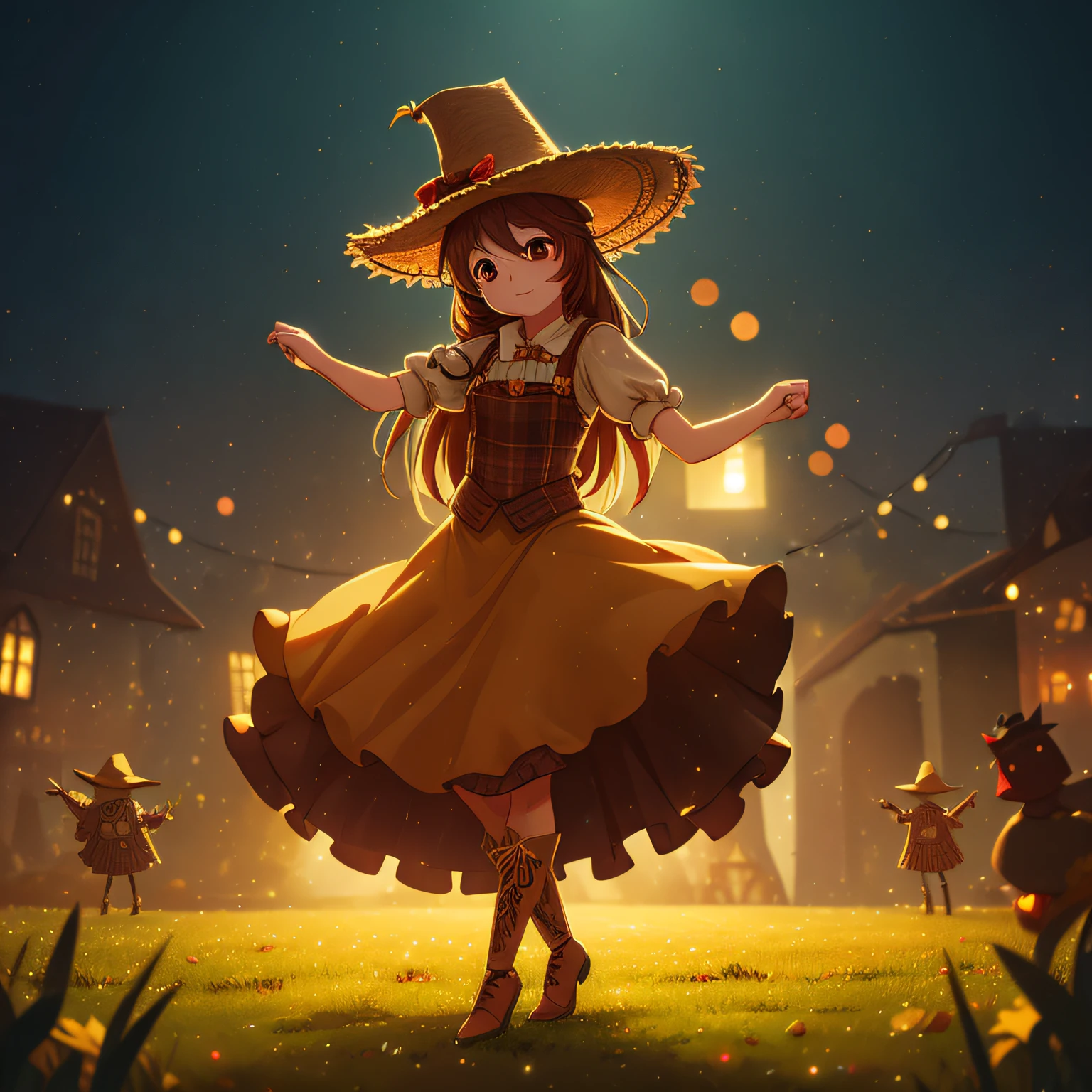 (best quality:1.3), CG, dramatic lighting, highly detailed, Bokeh, A DANCING SCARECROW