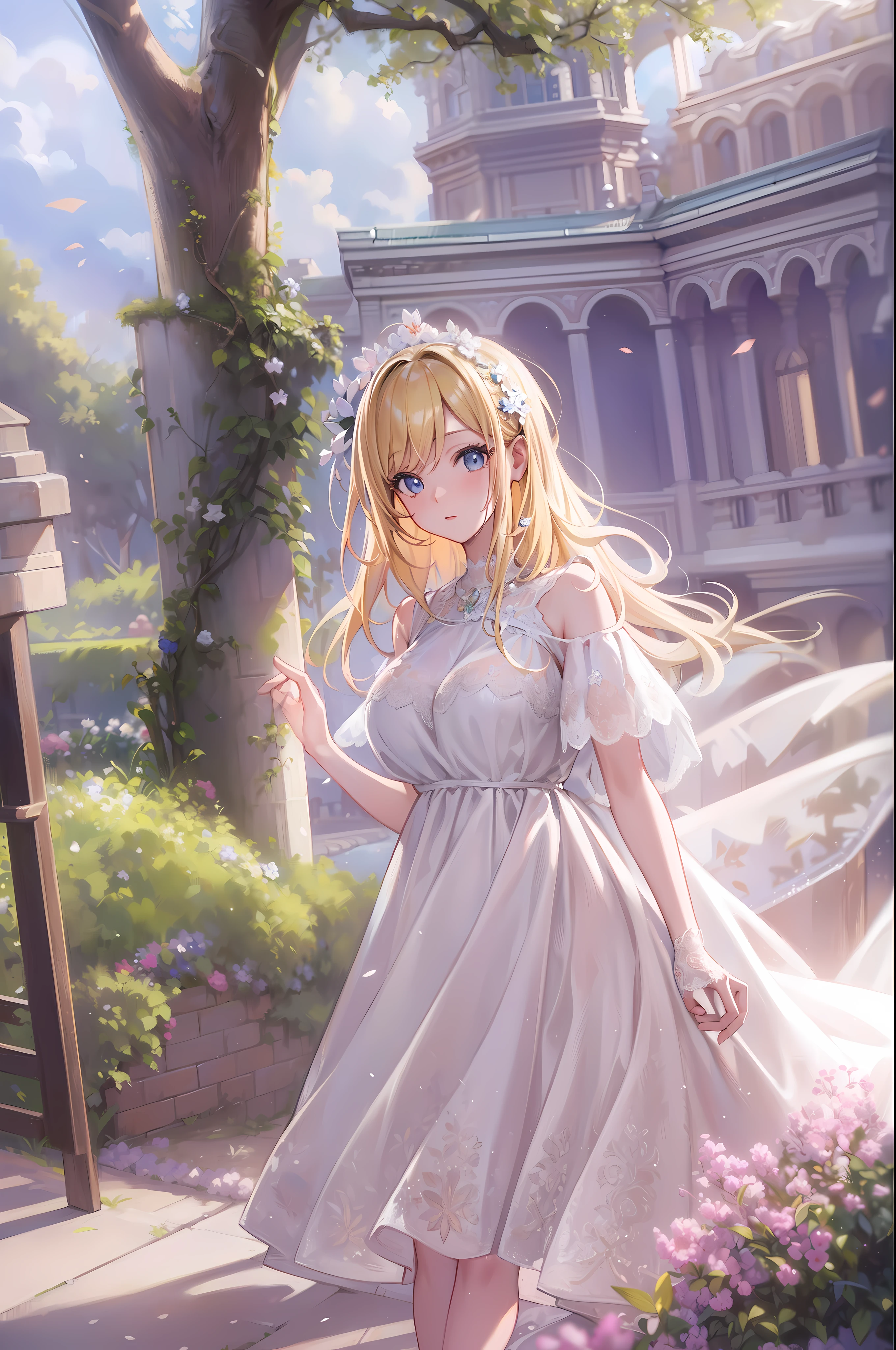 (Masterpiece:1.2), Best quality, A high resolution, Original, (Extremely detailed:1.2), Ultra-detailed, the wallpaper, Perfect lighting,(Extremely detailed CG:1.2), 8K, 1girl, blond hair, (White dress:1.21), Stand, A park, day