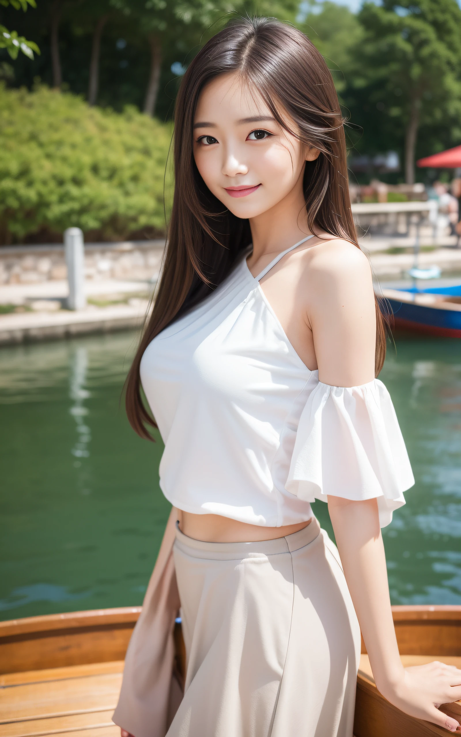 ((Best Quality, 8K, masutepiece: 1.3)), (Sharp Focus: 1.2), Quaint lakeside village with colorful rowboats on the shore, 1 girl, Full body, stunning elegant pose，Neat and clean beauty, 20 years old, half Japanese and half American, Looking away, Classy and elegant, A pretty girl with perfect figure, shyly smiling, Cute, Shy, ((shoulder length straight hair swaying in the wind)), Big breasts, (Blouse: 1.1), Skirt, Highly detailed face and skin texture, Detailed eyes, Background bokeh，