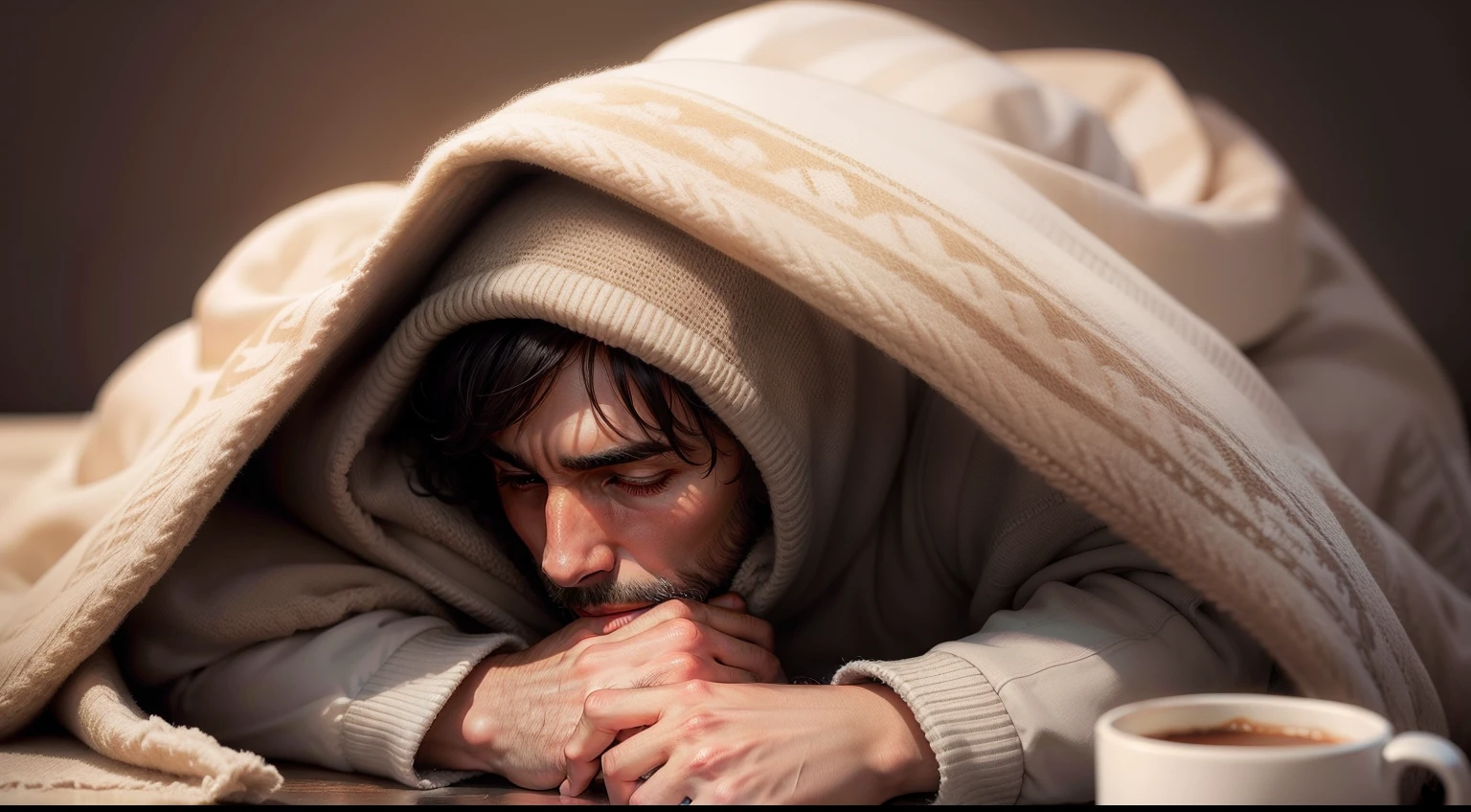 man curled up in blanket drinking coffee