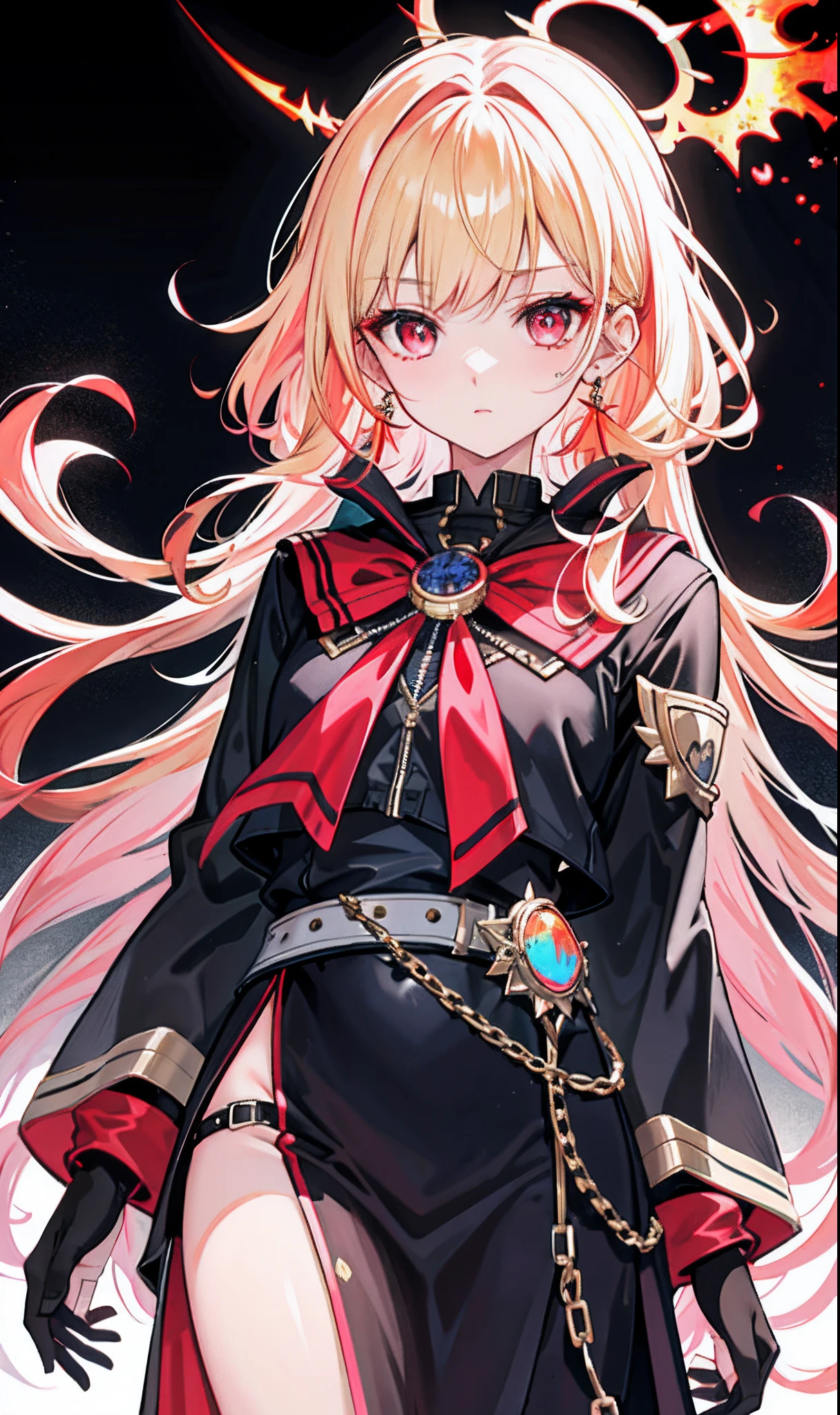 (tmasterpiece,Sideslit,Beautiful eyes:1.2),(tmasterpiece*sportrait),sportrait,busts,(busts),Lifelike,Anatomical correct,3D脸,luscious skin,(Solo),Blonde hair and pickaxe dyeing,Gradient hair,(closeup of face),Lovely face,(Fire opal-like scarlet eyes),Hanging eye corners,((highdetailskin,Visible pores)),(Perfect body),beuaty girl,little breast,((kaftan)),(neck rings),very short gloves,(chain),(Laser material clothing:1.2)