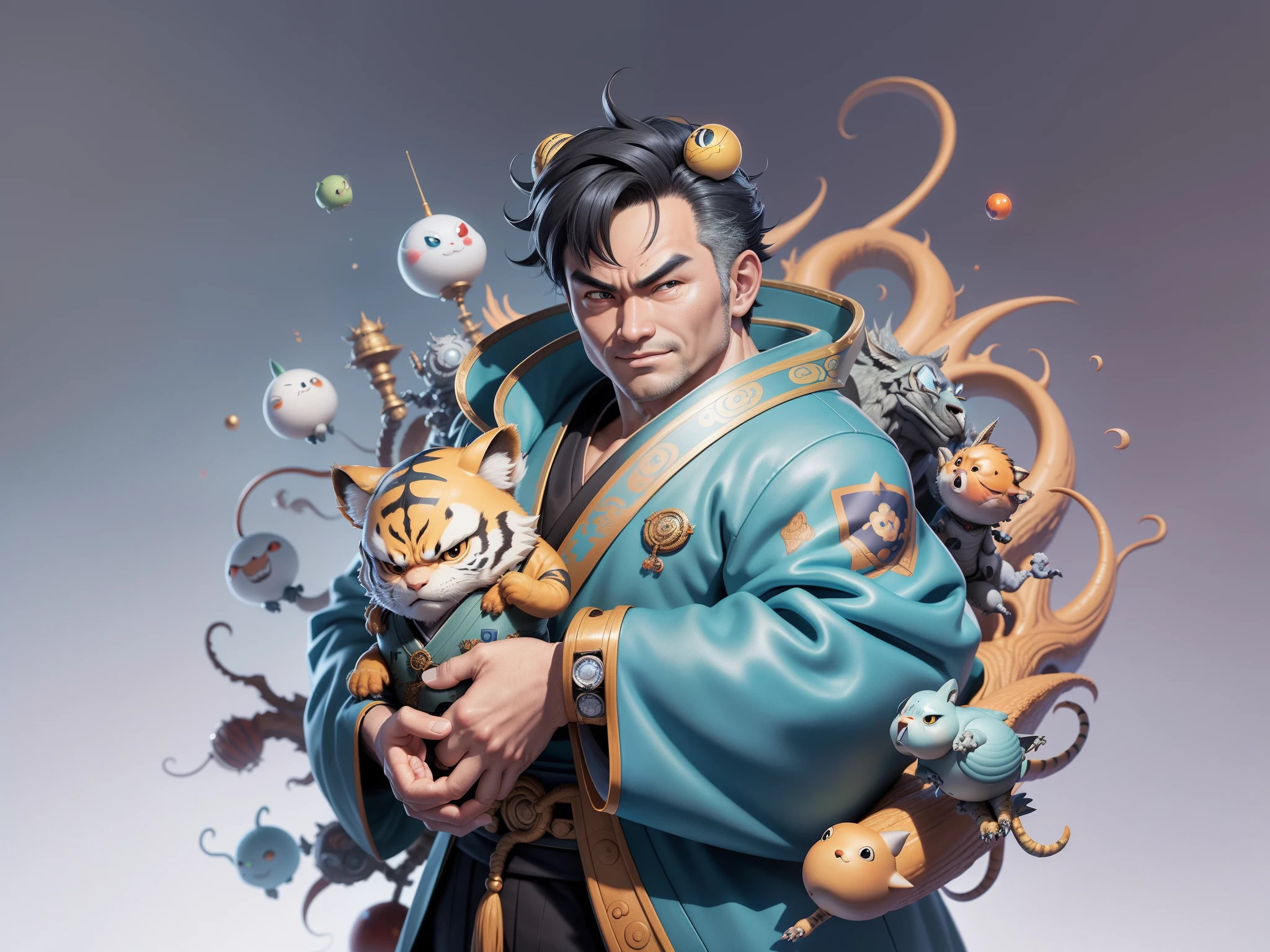 (Masterpiece), (Excellent), (Super Meticulous), (Full Body: 1.2), Super Young Man, Oriental Face, Japanese Kimono, Japanese Wind Thunder God, Dragon, Tiger, TV Anchor, Bust Portrait Illustration, Alone, Black Suit, Blue Tie, Slightly Chubby Face, Very Clean Face, No Beard, Black Super Short Hair, Black Eyes, Confident Smile, 3c Computer Sub-Products, iPad, iPhone, Digital Painting, 3D Character Design by Akira Toriyama and Mark Claireden and Pixar and Hayao Miyazaki, The illustration is a high-definition illustration in 4K resolution with very detailed facial features and cartoon-style visuals.