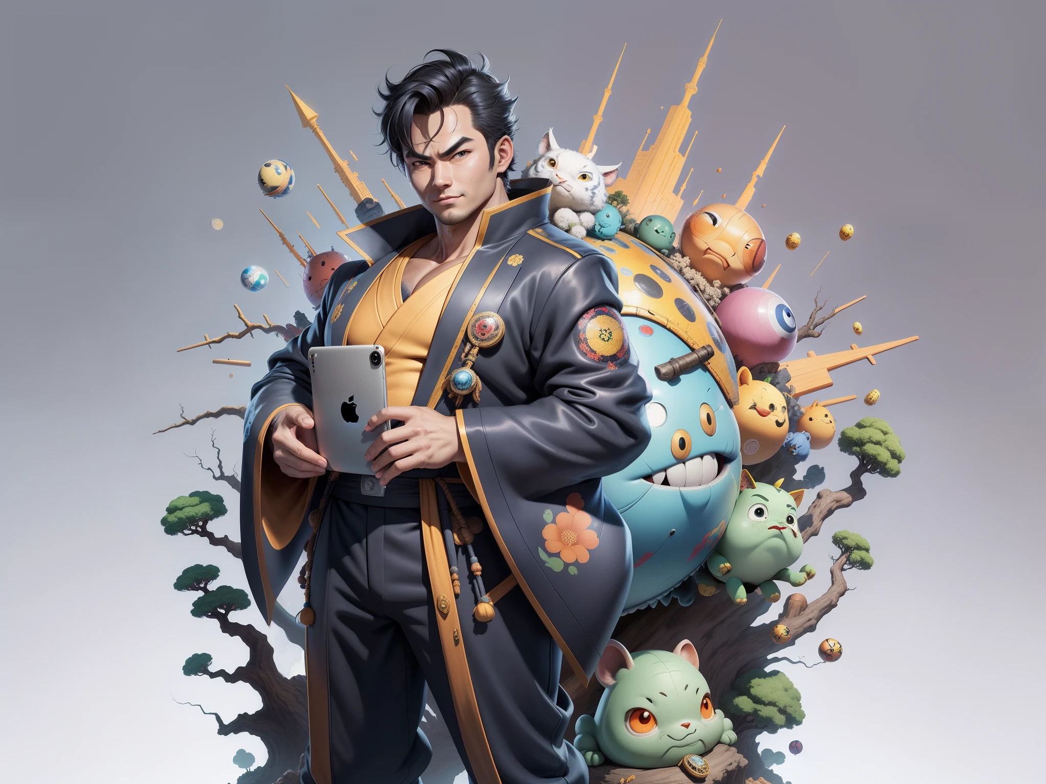 (Masterpiece), (Excellent), (Super Meticulous), (Full Body: 1.2), Super Young Man, Oriental Face, Japanese Kimono, Japanese Wind Thunder God, Dragon, Tiger, TV Anchor, Bust Portrait Illustration, Alone, Black Suit, Blue Tie, Slightly Chubby Face, Very Clean Face, No Beard, Black Super Short Hair, Black Eyes, Confident Smile, 3c Computer Sub-Products, iPad, iPhone, Digital Painting, 3D Character Design by Akira Toriyama and Mark Claireden and Pixar and Hayao Miyazaki, The illustration is a high-definition illustration in 4K resolution with very detailed facial features and cartoon-style visuals.