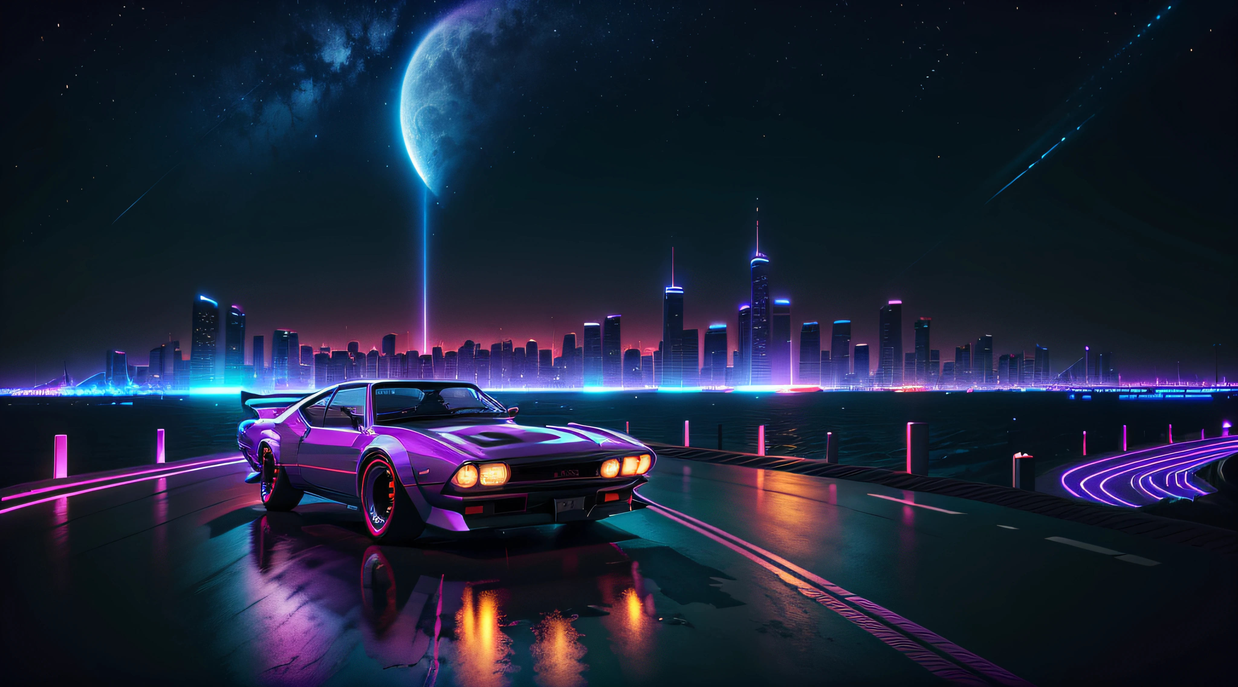 retrowave. city, 1969 Nissan S30, wide body kit, road, purple neon lights, sun, mountain,
(masterpiece,detailed,highres),