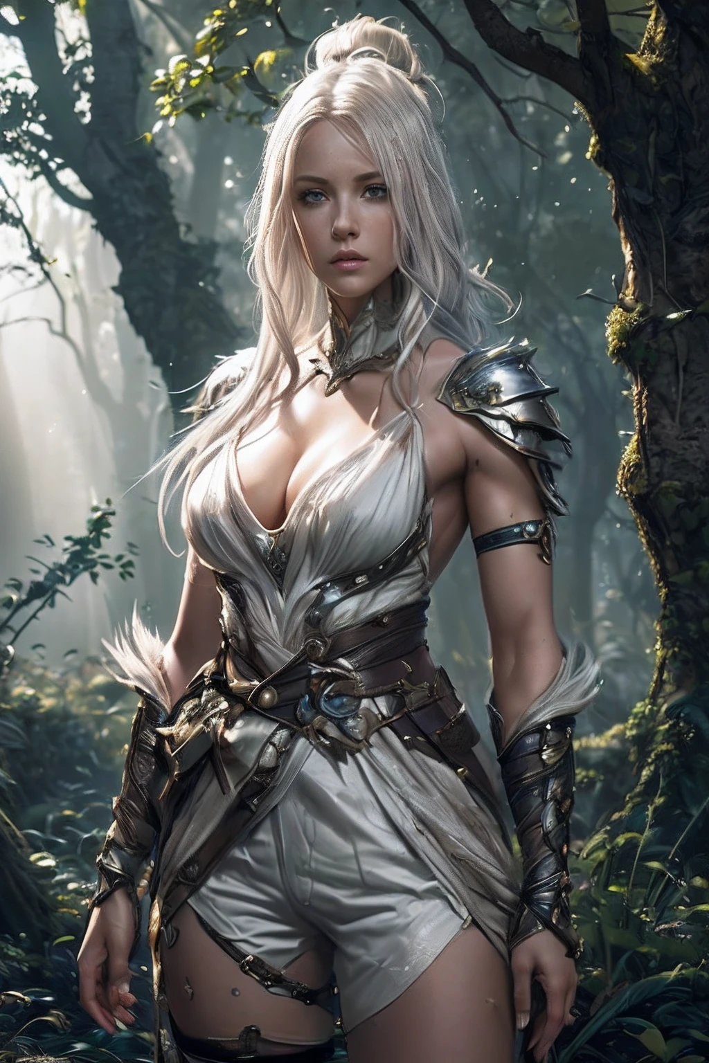 ((((of the highest quality:1.4))),,(unparalleled masterpiece ever), (Ultra high definition), (Ultra-realistic 8K CG), Put your hands on your hips,Beautiful Female Ranger ,Seen from below,, stunningly beautiful face, (muscular body:1.2),Fantasy worldview,(Magical mystical background, Ethereal fog, Faint darkness), The tree々Sunlight in between adds depth to the image ,Highly detailed Nergigante Armor, 8 life-size,, Messy platinum hair:1.2, in woods, Wind-effect, Ultra realistic cover photo awesome full color, (Hyper Detail: 1.2), , Perfect Anatomy, Cinematic,,