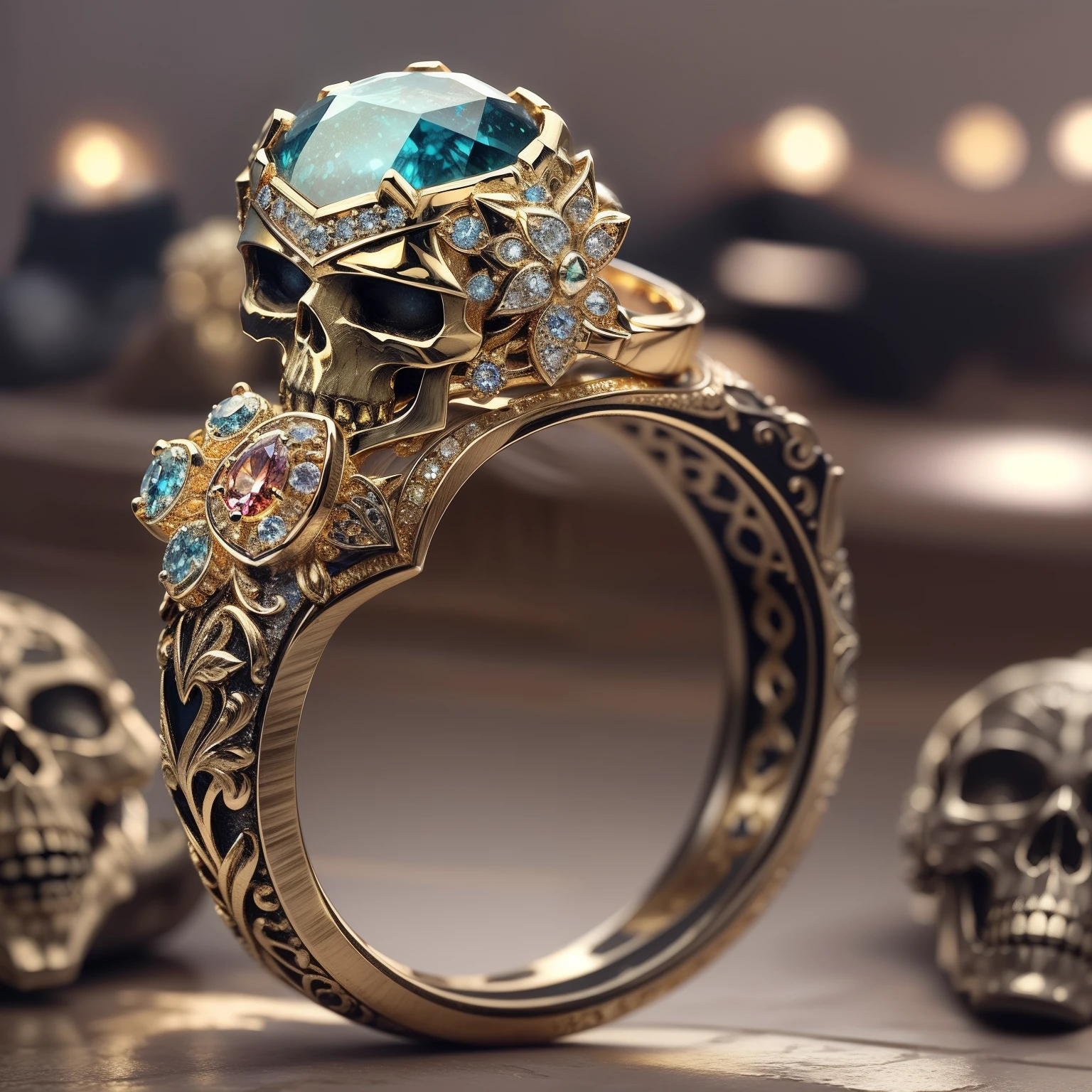 Masterpiece，highest  quality，(Nothing but the ring)，Beautiful ring, Ultra detailed，(No Man),Skull ring setting，starrysky，Wrapped around the end from beginning to end，Delicate gold ring，Starry sky in the ring,The sheen，inverted image，Sparkling gemstones，Elegant and noble,simple backgound