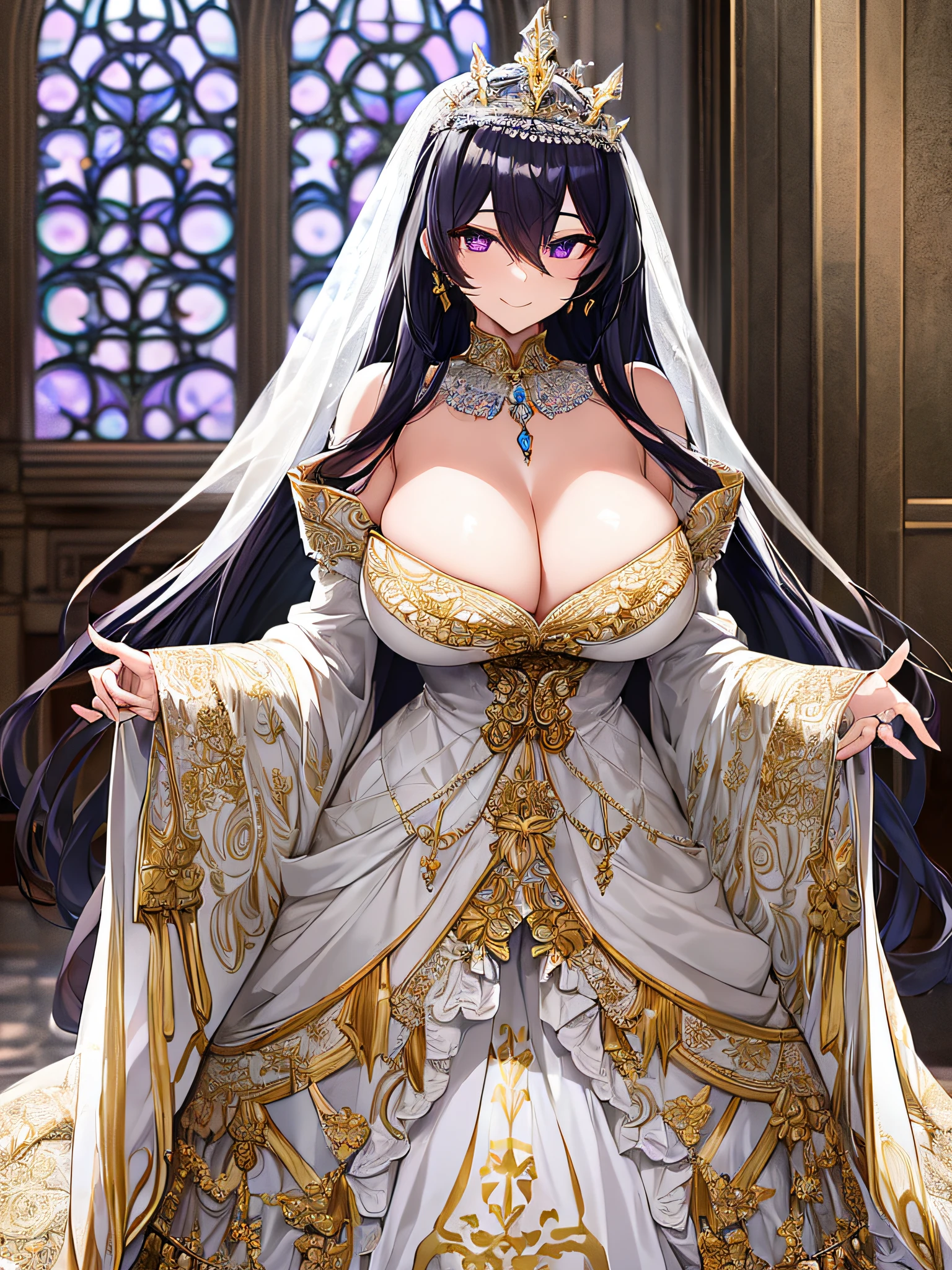 ((anime artstyle)),Masterpiece,Best Quality,Super Detail,Very Delicate and Beautiful,Solo,((full body)),((1 arrogant queen wearing beautiful embroidery gorgeous white wedding dress with voluminous crinoline hoop skirt)),(gigantic tits,skindentation),jewel-like eyes,((arrogant,haughty)),dominant pose,((haughty smile)),Sharp eyes,Purple eyes,Beautiful detailed face and eyes,((Bangs between eyes,voluminous straight hair,extremely Long straight Hair)),black hair,gorgeous embroidery and lace,enormous puffed sleeves,luxury hair ornament,extremely gorgeousfull jeweled tiara,long train,bling-bling gorgeous gemstone jewelry,long wedding veil,full body,standing in the sacred cathedral,((beautiful embroidery gorgeous stately white wedding dress with voluminous crinoline hoop skirt))