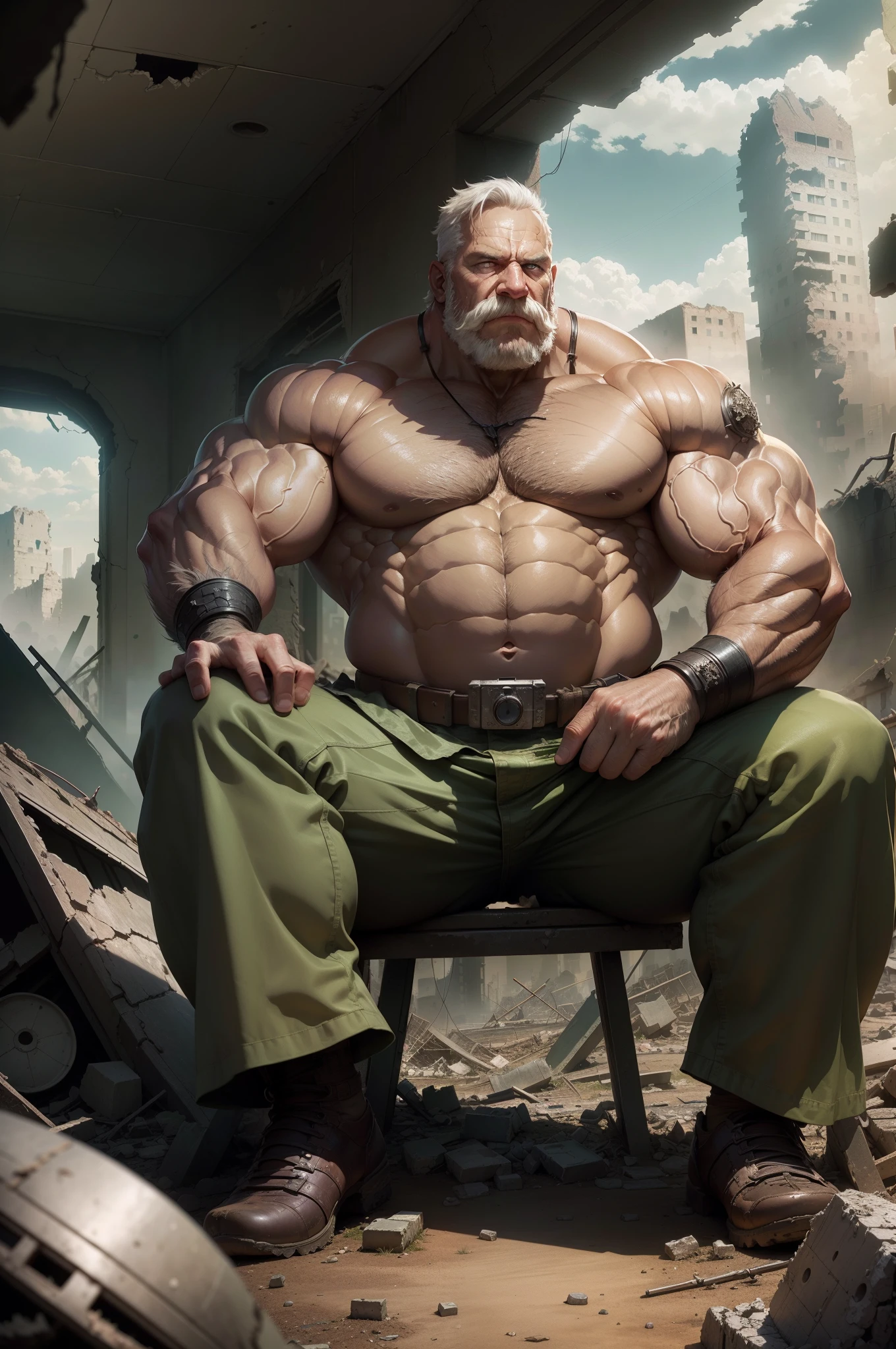 extremely detailed, detailed face, detailed eyes, detailed muscle, (view full body), ((1man)), (object (big muscular old man soldier sitting resting in the ruins of the building)), the old man is soldier and wearing soldier uniform, old man ((mustache), battel scar face, short hair, white hair, strong character, strong muscle), (background ((waster land, post-apocalypse, ruined city))),  (photography (50mm lens, cinematic, cinematic color))