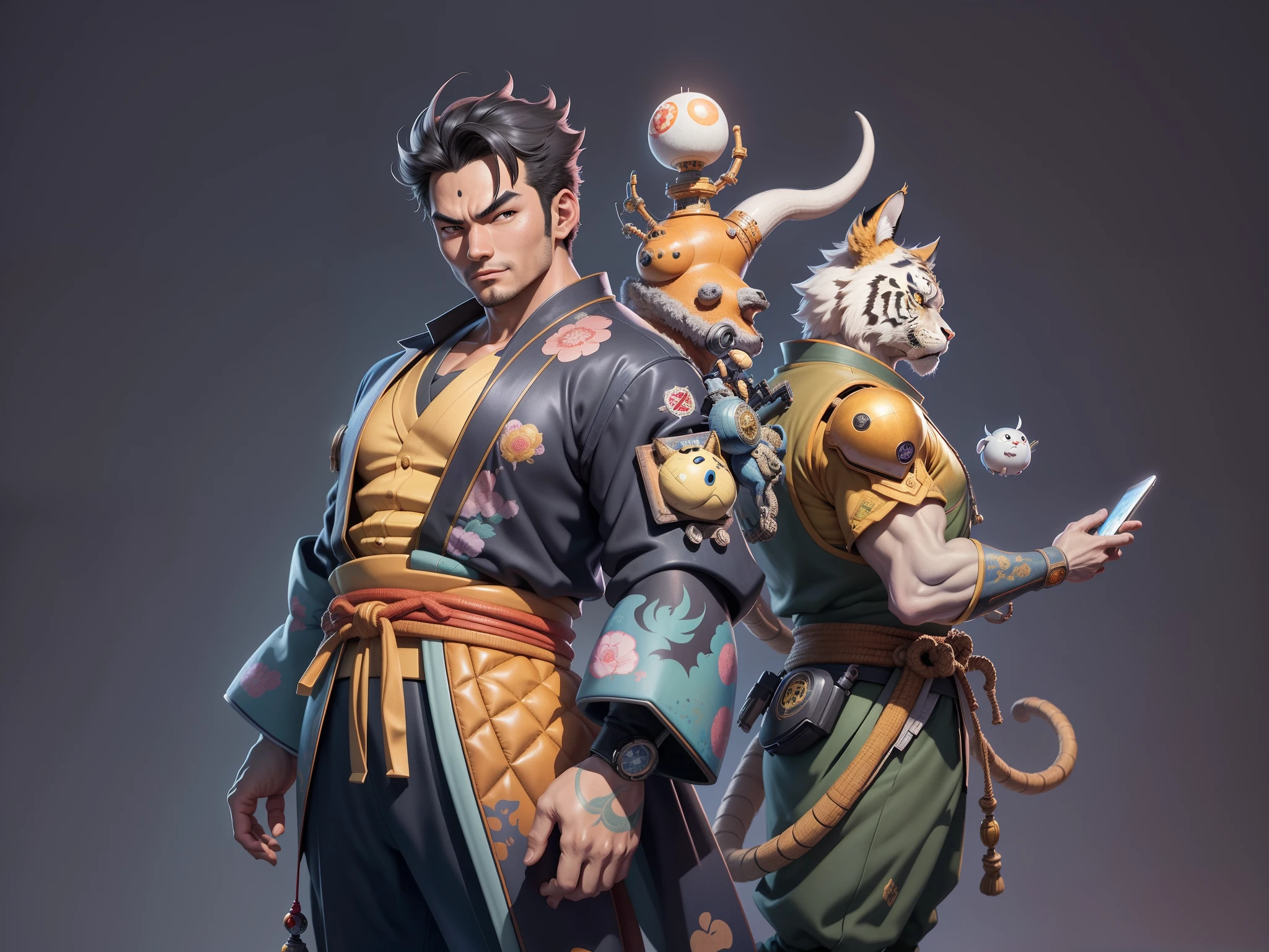 (Masterpiece), (Excellent), (Super Meticulous), (Full Body: 1.2), Super Young Man, Oriental Face, Japanese Kimono, Japanese Wind Thunder God, Dragon, Tiger, TV Anchor, Bust Portrait Illustration, Alone, Black Suit, Blue Tie, Slightly Chubby Face, Very Clean Face, No Beard, Black Super Short Hair, Black Eyes, Confident Smile, 3c Computer Sub-Products, iPad, iPhone, Digital Painting, 3D Character Design by Akira Toriyama and Mark Claireden and Pixar and Hayao Miyazaki, The illustration is a high-definition illustration in 4K resolution with very detailed facial features and cartoon-style visuals.