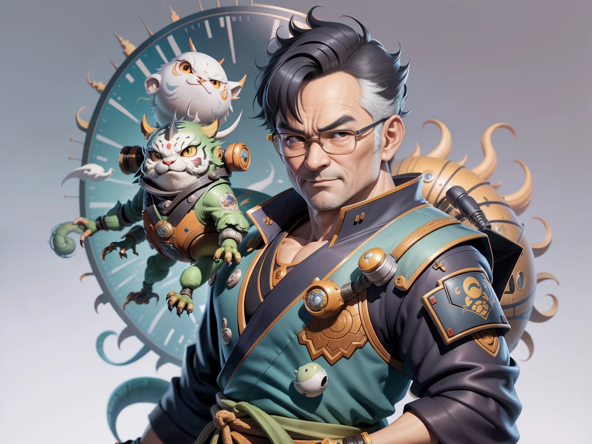 (Masterpiece), (Excellent), (Super Meticulous), (Full Body: 1.2), Super Young Man, Oriental Face, Japanese Kimono, Japanese Wind Thunder God, Dragon, Tiger, TV Anchor, Bust Portrait Illustration, Alone, Black Suit, Blue Tie, Slightly Chubby Face, Very Clean Face, No Beard, Black Super Short Hair, Black Eyes, Confident Smile, 3c Computer Sub-Products, iPad, iPhone, Digital Painting, 3D Character Design by Akira Toriyama and Mark Claireden and Pixar and Hayao Miyazaki, The illustration is a high-definition illustration in 4K resolution with very detailed facial features and cartoon-style visuals.