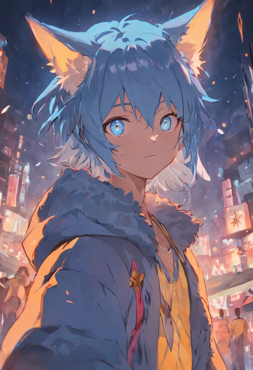 Break,tmasterpiece,A high resolution,8K,detailedbackground,high qulity,Break,Break,Blue wolf((Light blue fur,whaite hair,Blue sclera,Yellow eyes,fluffly,Detailed fur)) furred,breaking,male people,human - shaped,shorter pants,trident,swim trunks