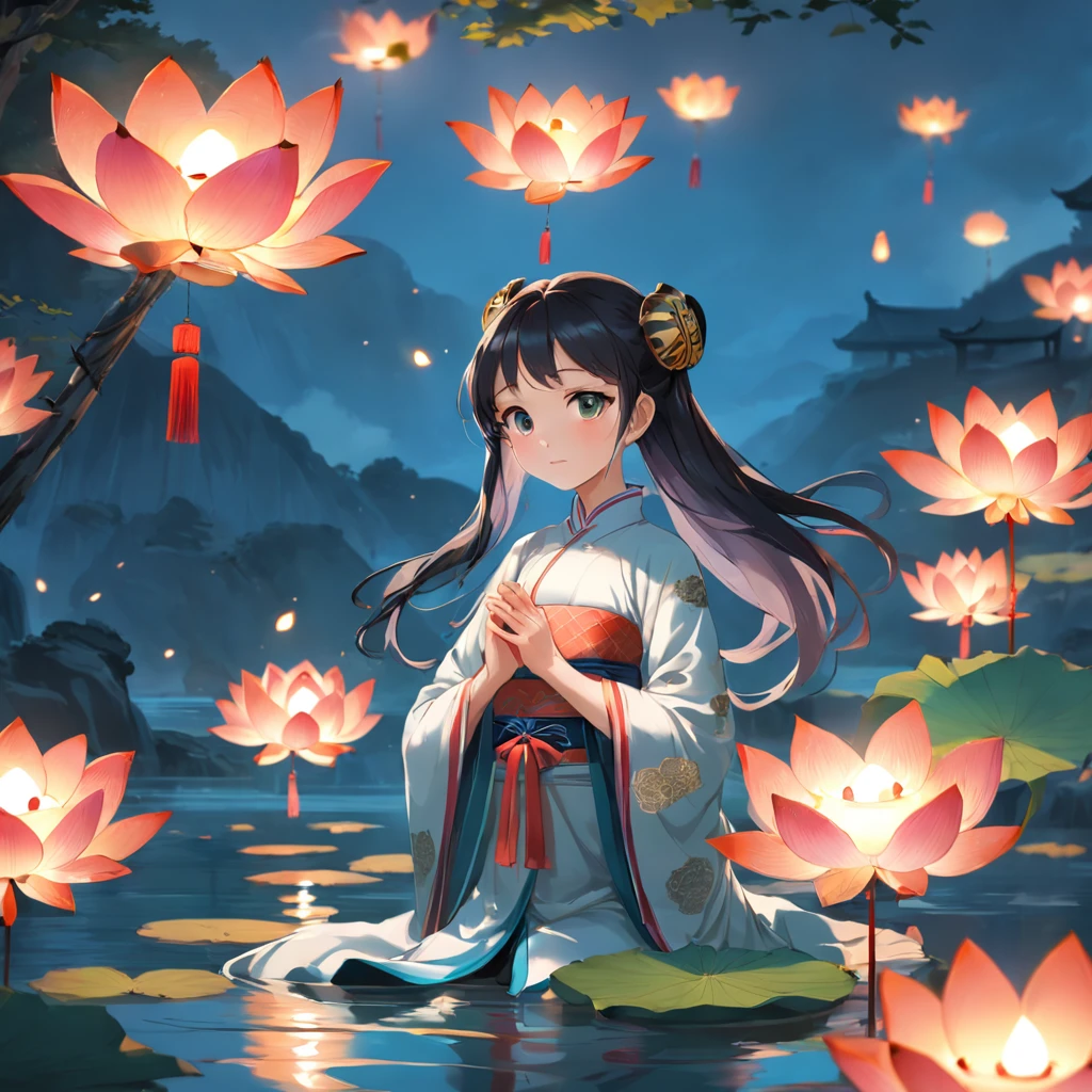 Chinese Ancient Times，Beautiful woman puts lotus lantern by the river，There are many lotus lanterns of various sizes in the river，The beauty clasped her hands together，DOA