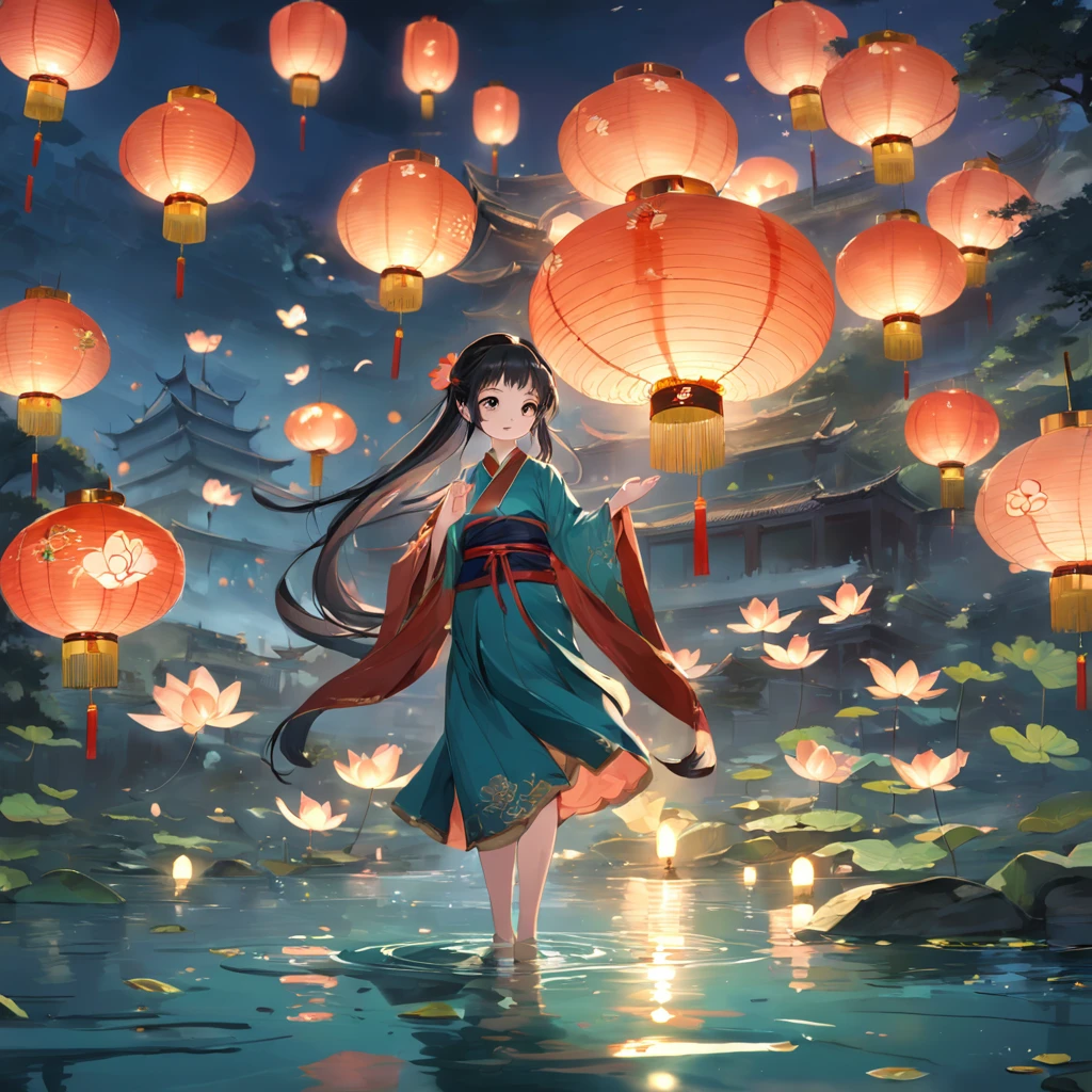 Chinese Ancient Times，Beautiful woman puts lotus lantern by the river，There are many lotus lanterns of various sizes in the river，The beauty clasped her hands together，DOA