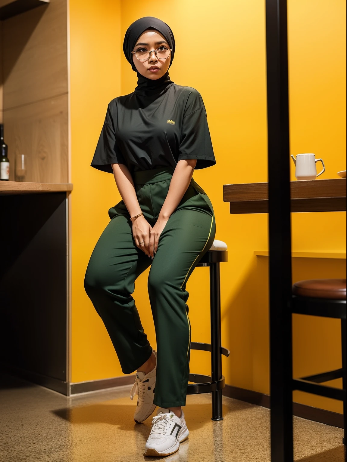Malay woman in a dark green oversized shirt and high waist pants in front of a yellow background seating on a bar stool, glasses, hijab, white sneakers, thick daddy shoes, mira filzah, full body photography, photo of young malay woman, full shot portrait, in yellow background