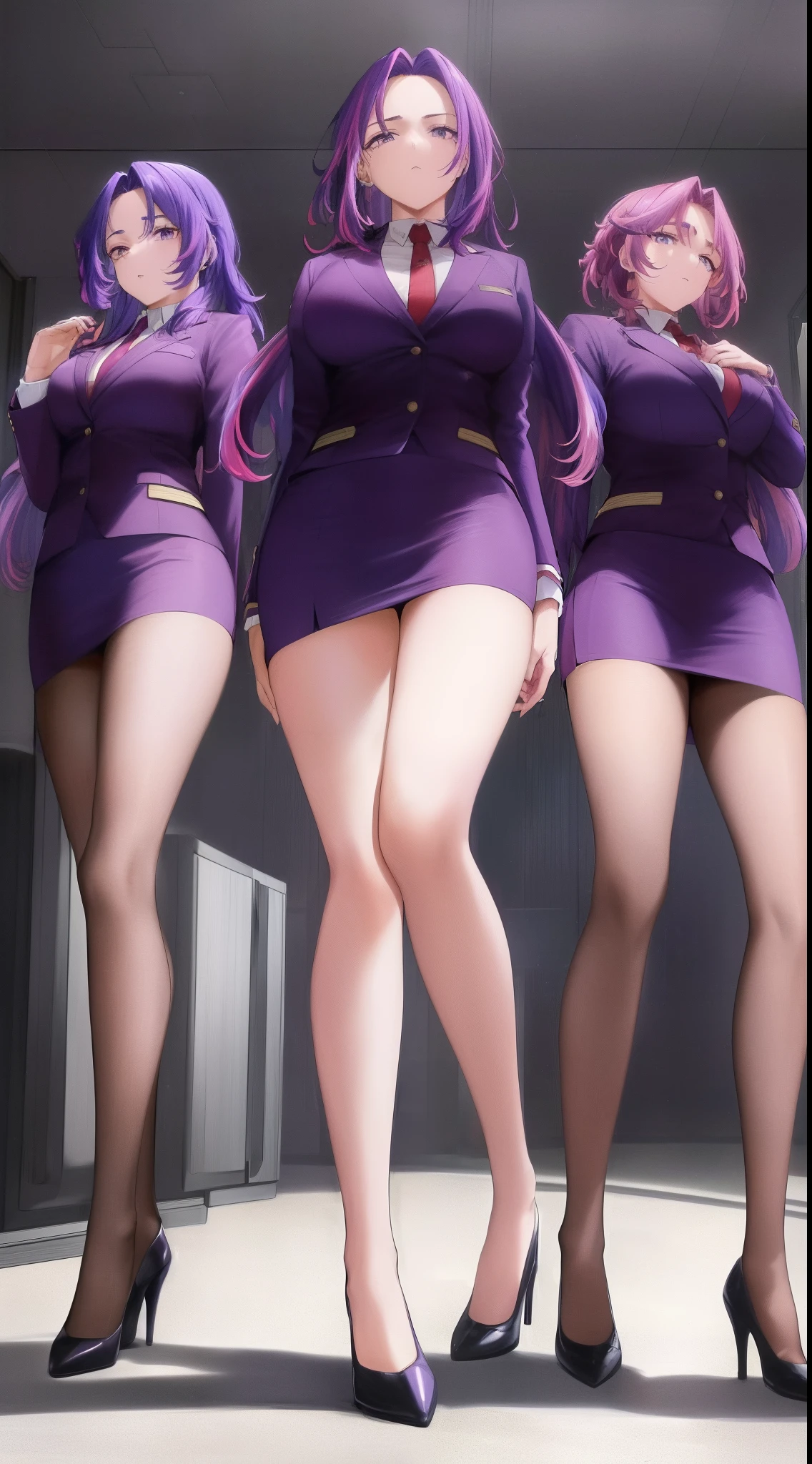 scan, (extremely detailed CG unity 8k wallpaper:1.1), highres, (3girls, identical triplets, clones), lady nagant, boku no hero academia, (purple hair), (multicolored hair), (purple eyes), business suit, blazer, pencil skirt, high heels, full body, breasts, standing straight, trio, trio pose, ((matching outfits, matching hairstyles, matching faces))