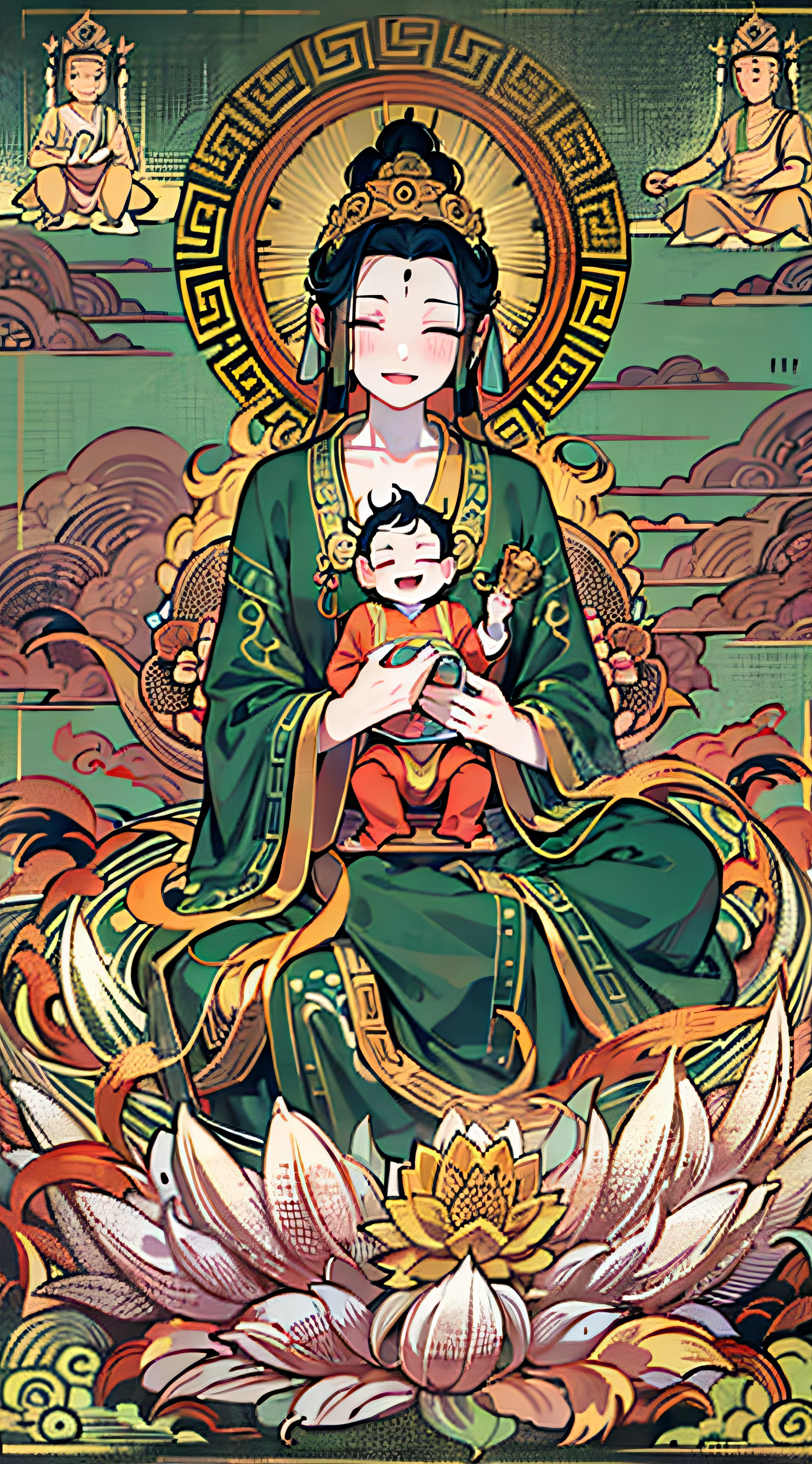 an ancient Chinese goddess, guanyin of the southern seas, Guanyin, Inspired by India, Avalokiteshvara rides a dragon，Holding a baby boy，baby, Little boy,（Black color hair），Crown on head，Send Zi Guanyin,Serene expression,shui mo hua,Buddha,Buddhist,Lotus,Chinese painting style,Thangka style