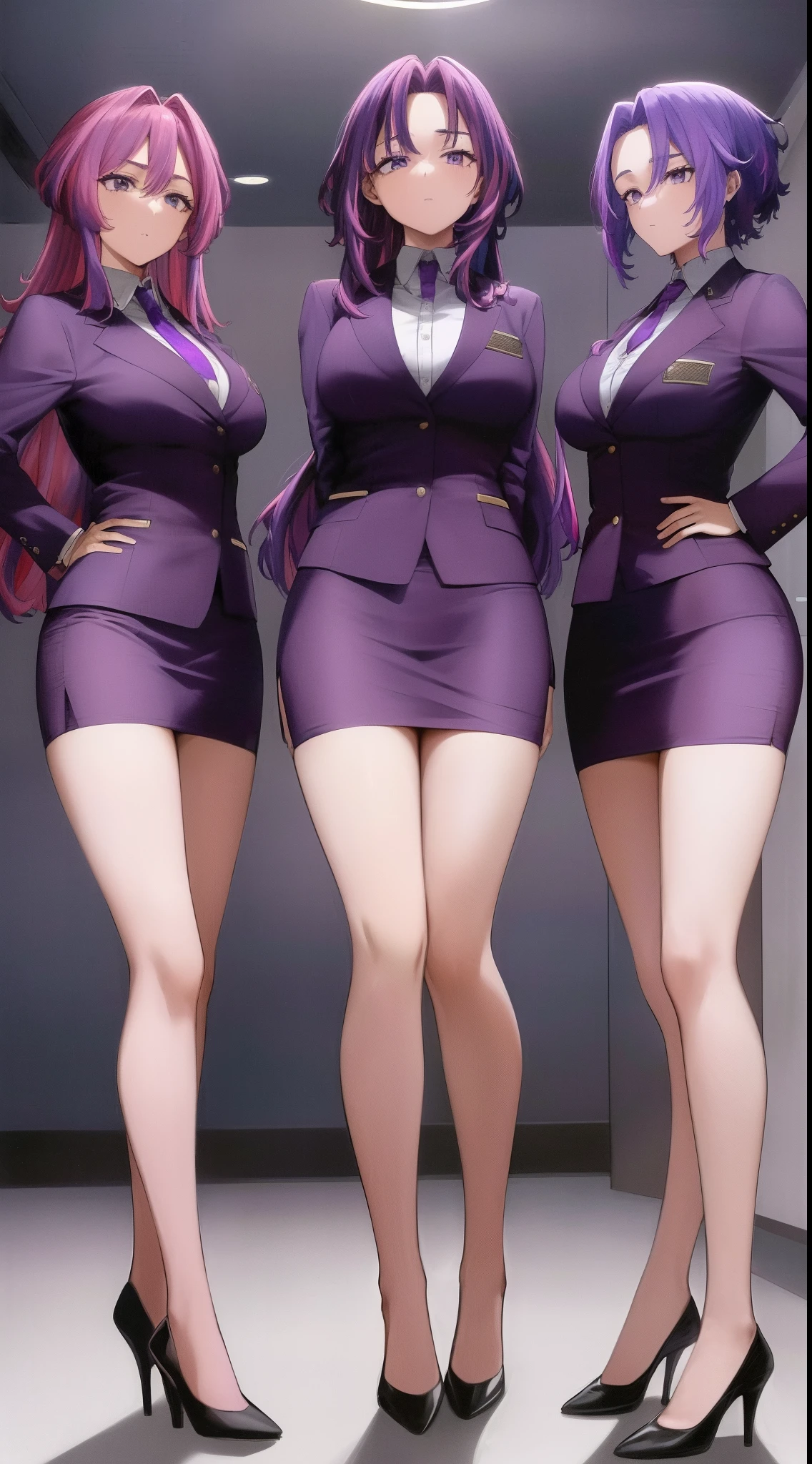 scan, (extremely detailed CG unity 8k wallpaper:1.1), highres, (3girls, identical triplets, clones), lady nagant, boku no hero academia, (purple hair), (multicolored hair), (purple eyes), business suit, blazer, pencil skirt, high heels, full body, breasts, standing straight, trio, trio pose, ((matching outfits, matching hairstyles, matching faces))