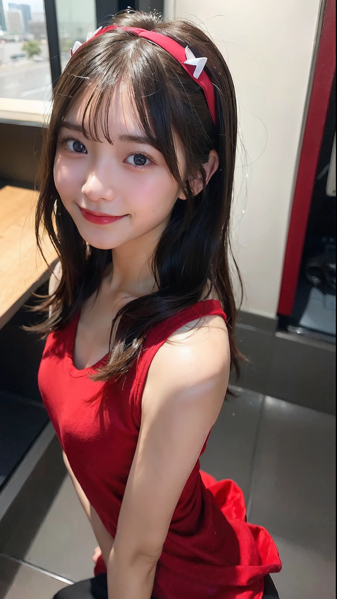 (top-quality、8K、32K、masuter piece、nffsw:1.2)、Cute Japan Girl、女の子1人、bobhair、profile、(slim figure:1.2)、(s lips) 、(Black hair)、二重まぶた、shinny skin、Realistic rays、mare、beauitful face、(A smile:1.3)、crouching down、(From above:1.2)、(a closeup:1.4)、Red Tank Top、blurry backround、(Front Focus)、(Dark: 1.6)、Fantasy Art、photoRealstic、Professional Lighting、extra detailed face、Award-winning、deep-shadows、