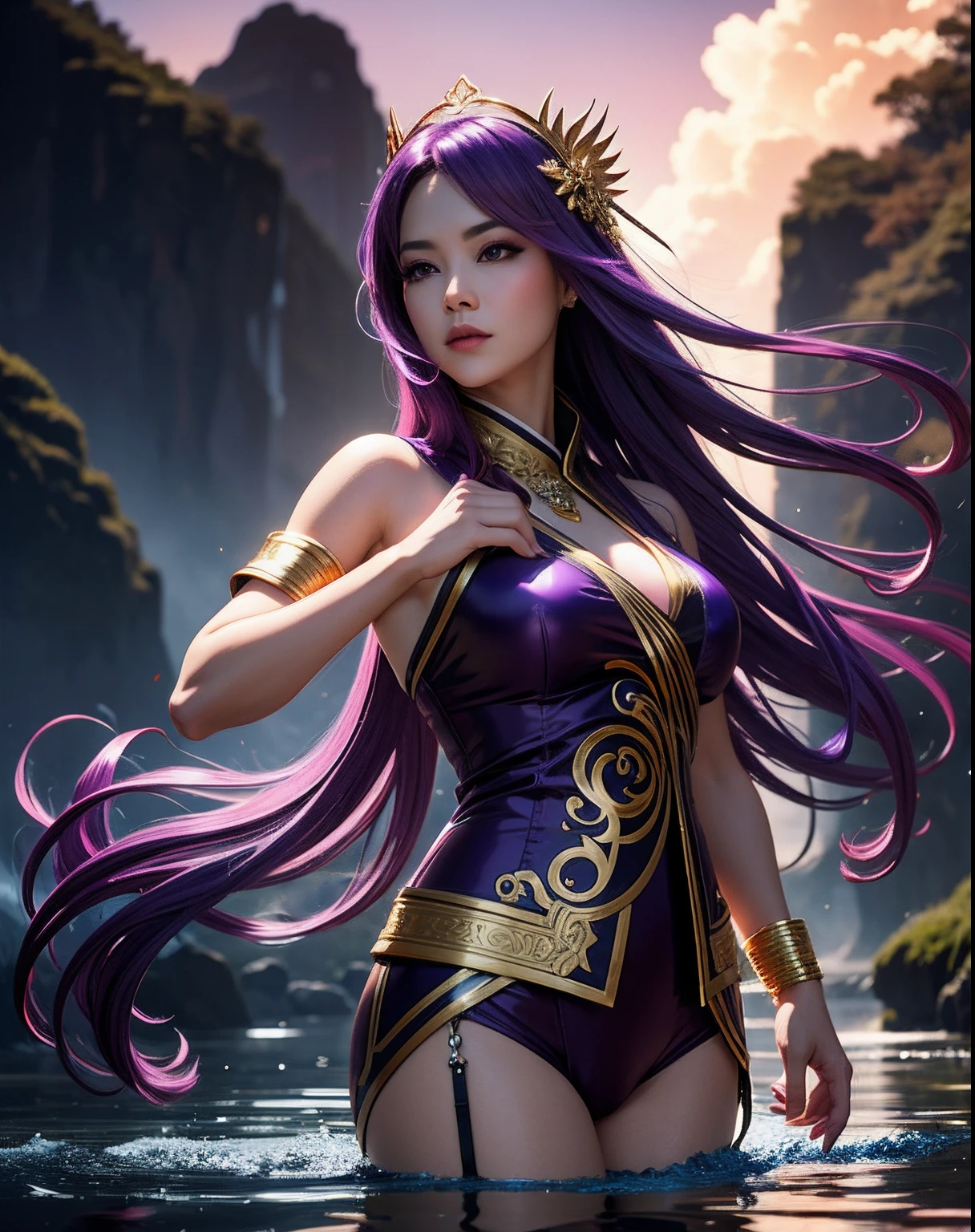 32K（tmasterpiece，k hd，hyper HD，32K）Long flowing bright purple hair，Autumn Pond，zydink， a color，  Asian people （Silly girl）， （Silk scarf）， Combat posture， looking at the ground， long whitr hair， Floating bright purple， Fire cloud pattern gold tiara， Chinese long-sleeved gold silk garment， （abstract ink splash：1.2）， white backgrounid，Lotus protector（realisticlying：1.4），Bright purple hair，Smoke on the road，The background is pure， A high resolution， the detail， RAW photogr， Sharp Re， Nikon D850 Film Stock Photo by Jefferies Lee 4 Kodak Portra 400 Camera F1.6 shots, Rich colors, ultra-realistic vivid textures, Dramatic lighting, Unreal Engine Art Station Trend, cinestir 800，Long flowing bright purple hair