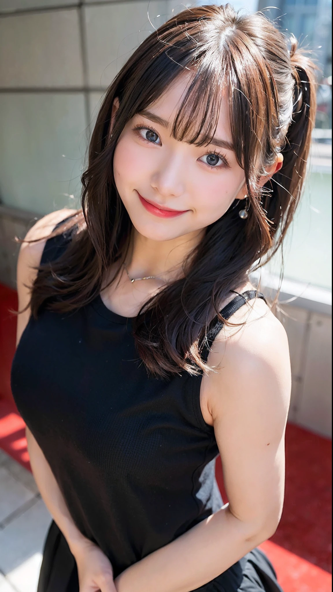 (top-quality、8K、32K、masuter piece、nffsw:1.2)、Cute Japan Girl、女の子1人、bobhair、profile、(slim figure:1.2)、(s lips) 、（Black hair）、二重まぶた、shinny skin、Realistic rays、mare、beauitful face、(A smile:1.3)、crouching down、(From  above:1.2)、(a closeup:1.4)、Red Tank Top、blurry backround、(Front Focus)、(Dark: 1.6)、Fantasy Art、photoRealstic、Professional Lighting、extra detailed face、Award-winning、deep-shadows、