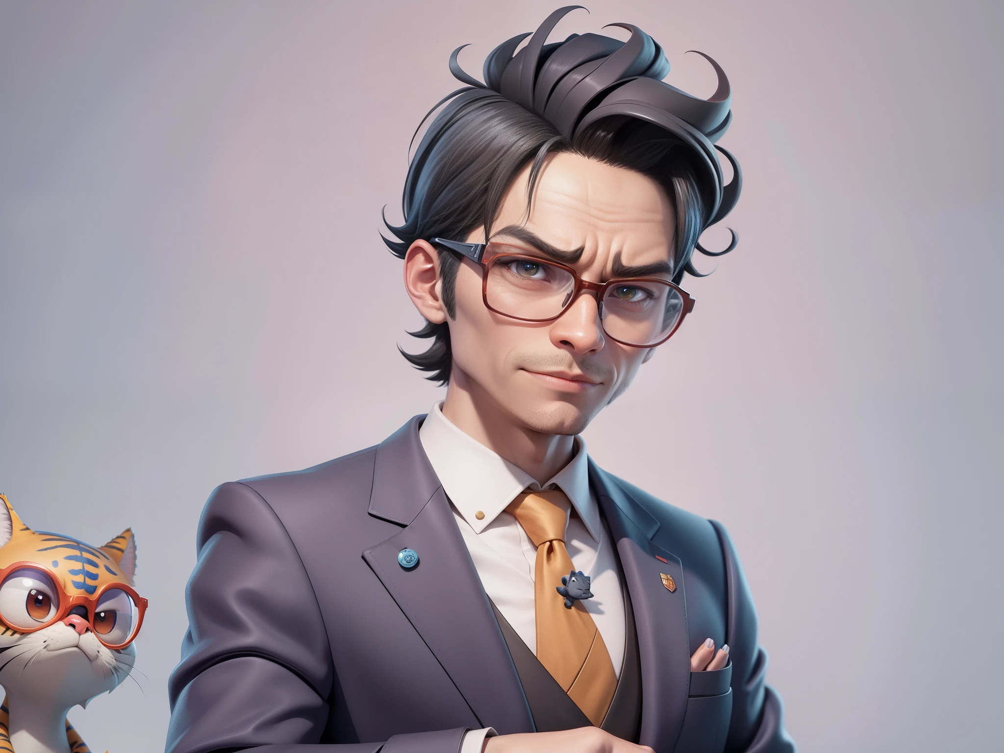 A young man in a suit, Short hair and glasses sat at his desk，holding laptop，digitial painting，tigre，3D character design by Mark Clairen and Pixar and Hayao Miyazaki and Akira Toriyama，4K HD illustration，Very detailed facial features and cartoon-style visuals。