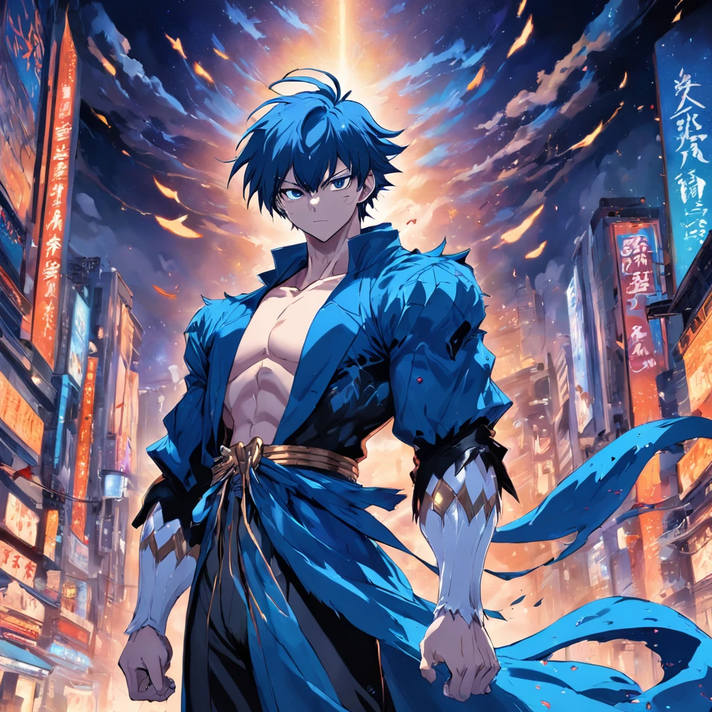 A roosterة Majestic Exaggerated man standing background blue