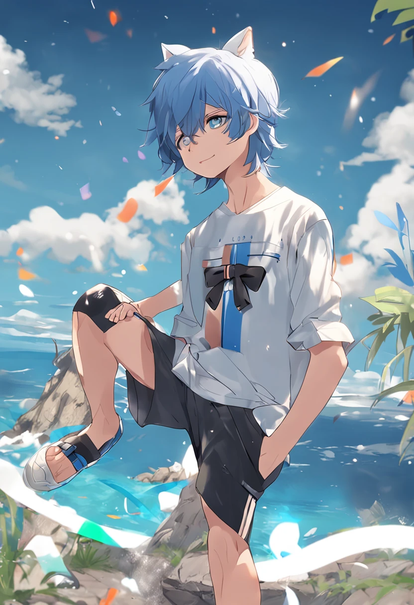 Shota,Blue-colored hair,Wolf ears,toddlers,Blue eyes, Q version, adolable, standing on your feet, Master masterpieces, A high resolution,8K,detailedbackground,high high quality,Libido boy,独奏,swimming trunks,sandbeach,Happy expression,water gun