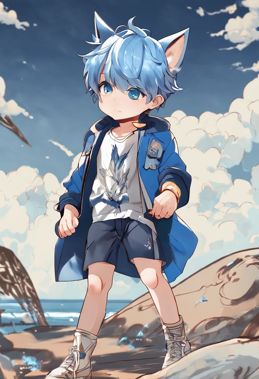 Shota，Blue-colored hair，Wolf ears，ddlers，Blue eyes， Q version， adolable， standing on your feet， Master masterpieces， A high resolution，8K，detailedbackground，high high quality，Libido boy，独奏，swimming trunks，sandbeach，Happy expression，water gun