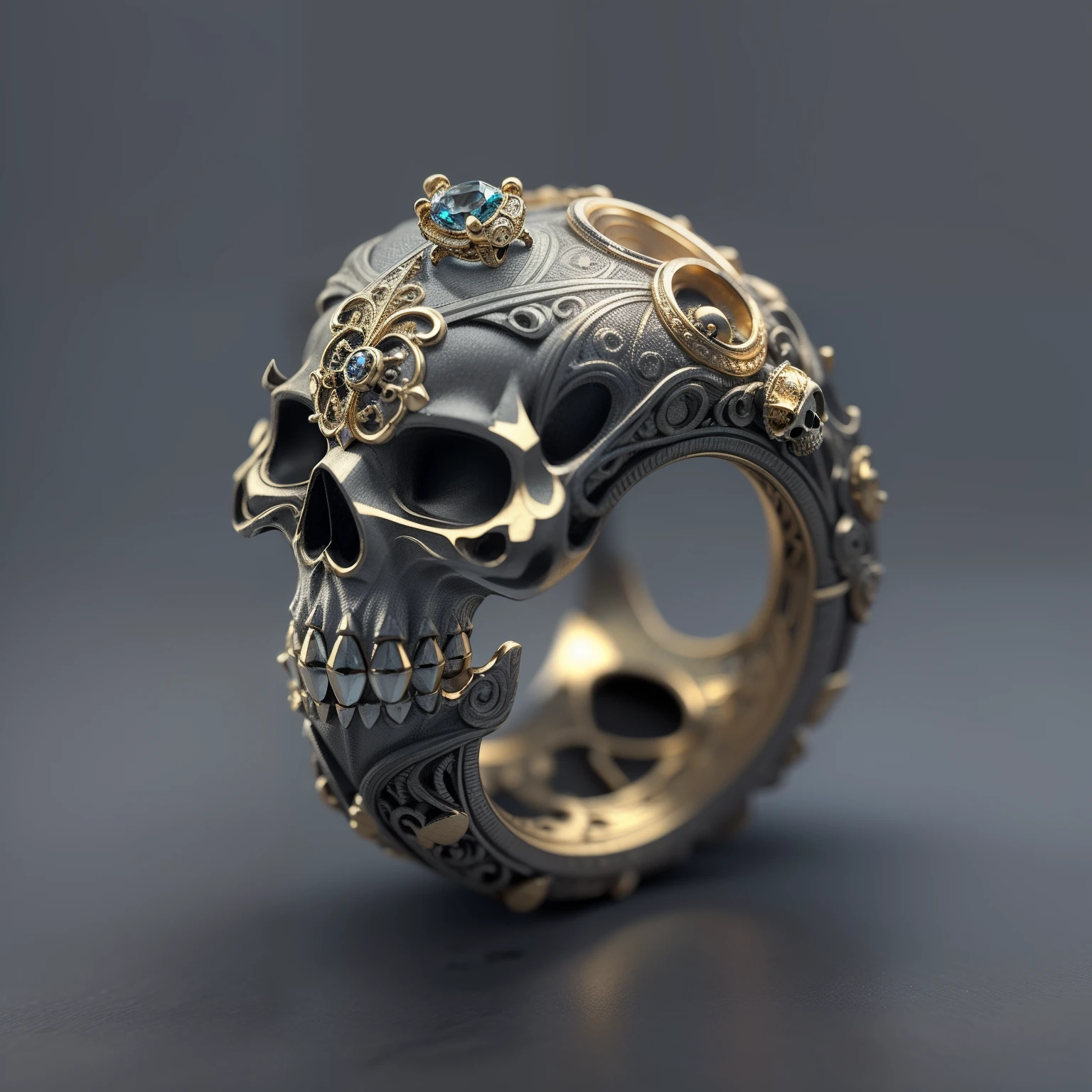 masterpiece, best quality, intricate detail, octane render, hdr,
no humans, simple background, black background, grey background, depth of field, gradient background,
ring, golden, cute skull in ring,