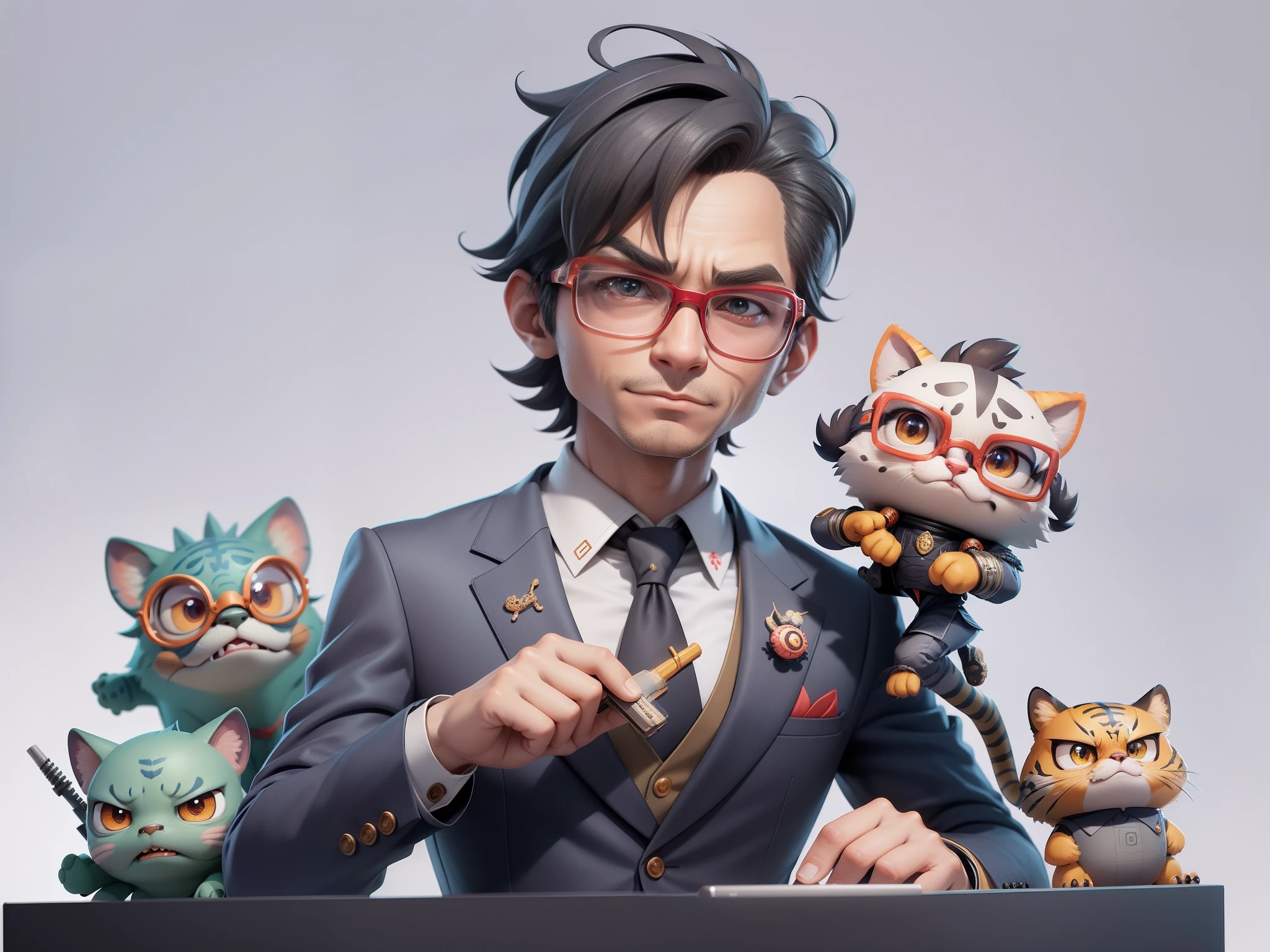 A young man in a suit, Short hair and glasses sat at his desk，holding laptop，digitial painting，tigre，3D character design by Mark Clairen and Pixar and Hayao Miyazaki and Akira Toriyama，4K HD illustration，Very detailed facial features and cartoon-style visuals。