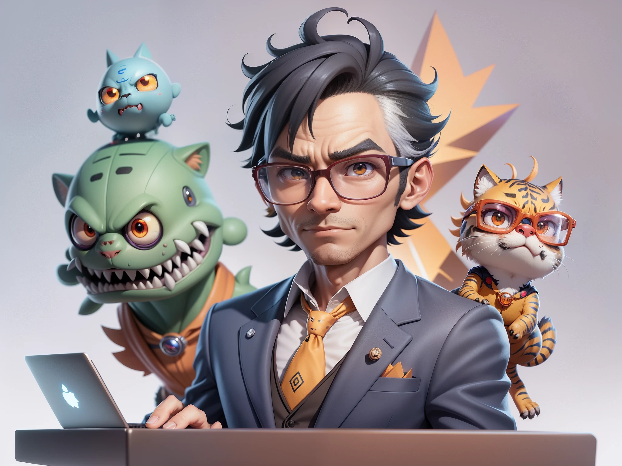A young man in a suit, Short hair and glasses sat at his desk,holding laptop,digitial painting,tigre,3D character design by Mark Clairen and Pixar and Hayao Miyazaki and Akira Toriyama,4K HD illustration,Very detailed facial features and cartoon-style visuals。