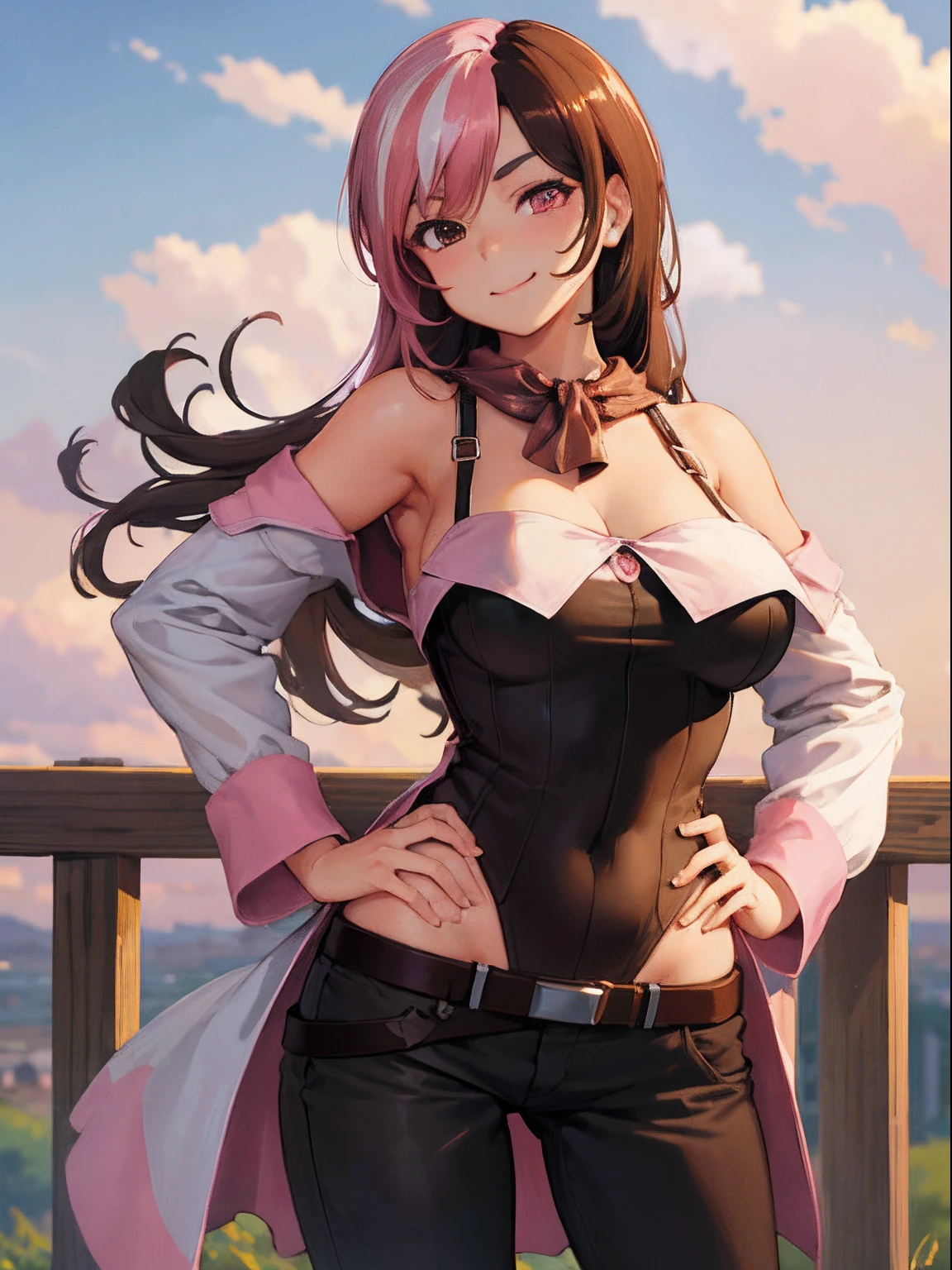 (Masterpiece, Best Quality:1.2), Cowboy shot, 独奏, 1girl, Neapolitan, Smile, closed mouth, looking a viewer, Hand on hip, Heterochromia, Brown eyes, pink eyes, big breastes, leotard, pants, wide thighs, belt