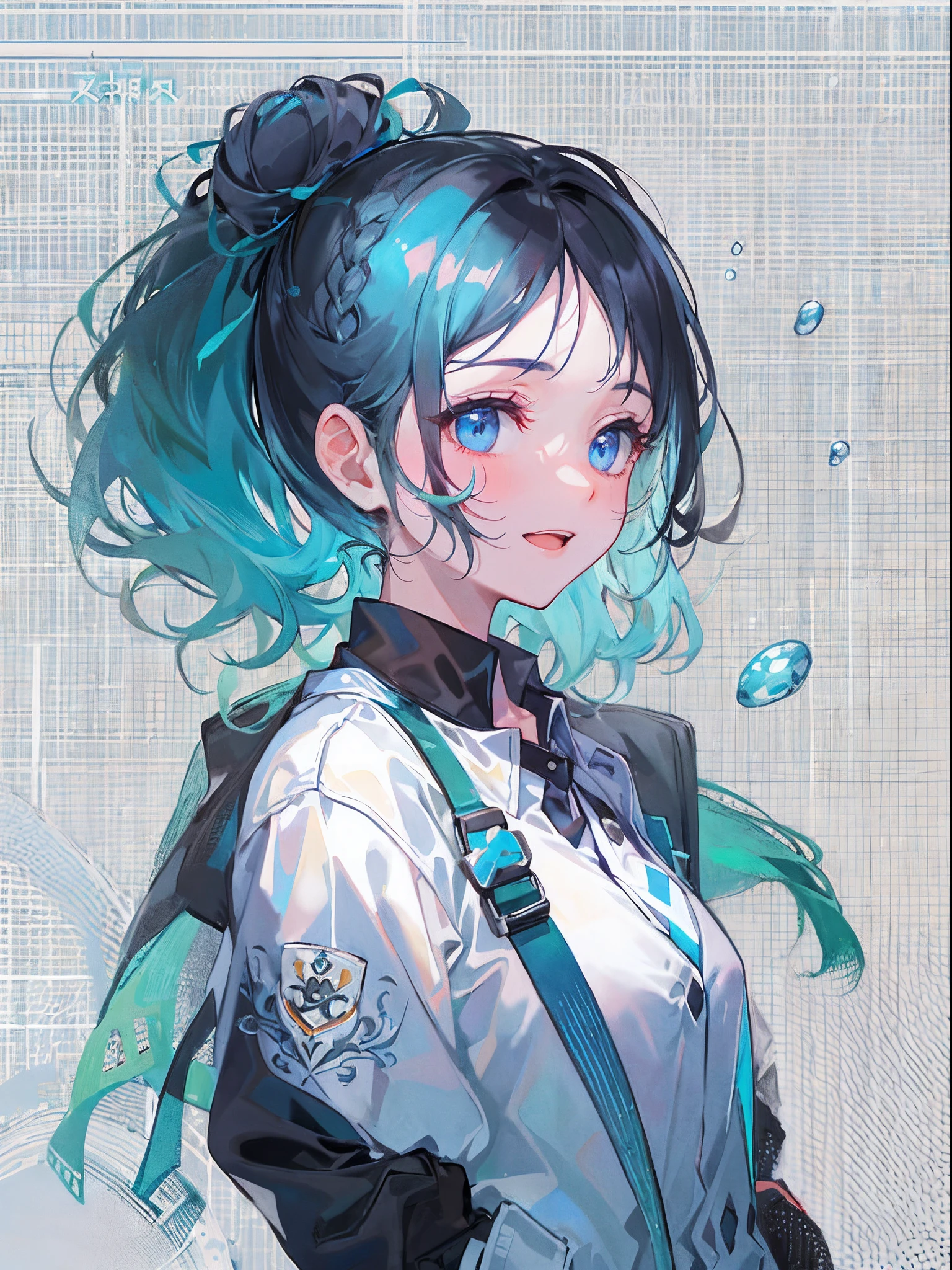 ((top-quality)), ((masterpiece)), ((ultra-detailliert)), (extremely delicate and beautiful), girl with, 独奏, cold attitude,((Black jacket)),She is very(relax)with the(Settled down)Looks,A dark-haired, depth of fields,evil smile,Bubble, under the water, Air bubble,bright light blue eyes,Inner color with black hair and light blue tips,Cold background,Bob Hair - Linear Art, shortpants、knee high socks、White uniform like school uniform、Light blue ribbon ties、Clothes are sheer、Hands in pockets、chaina hair,Bun hair