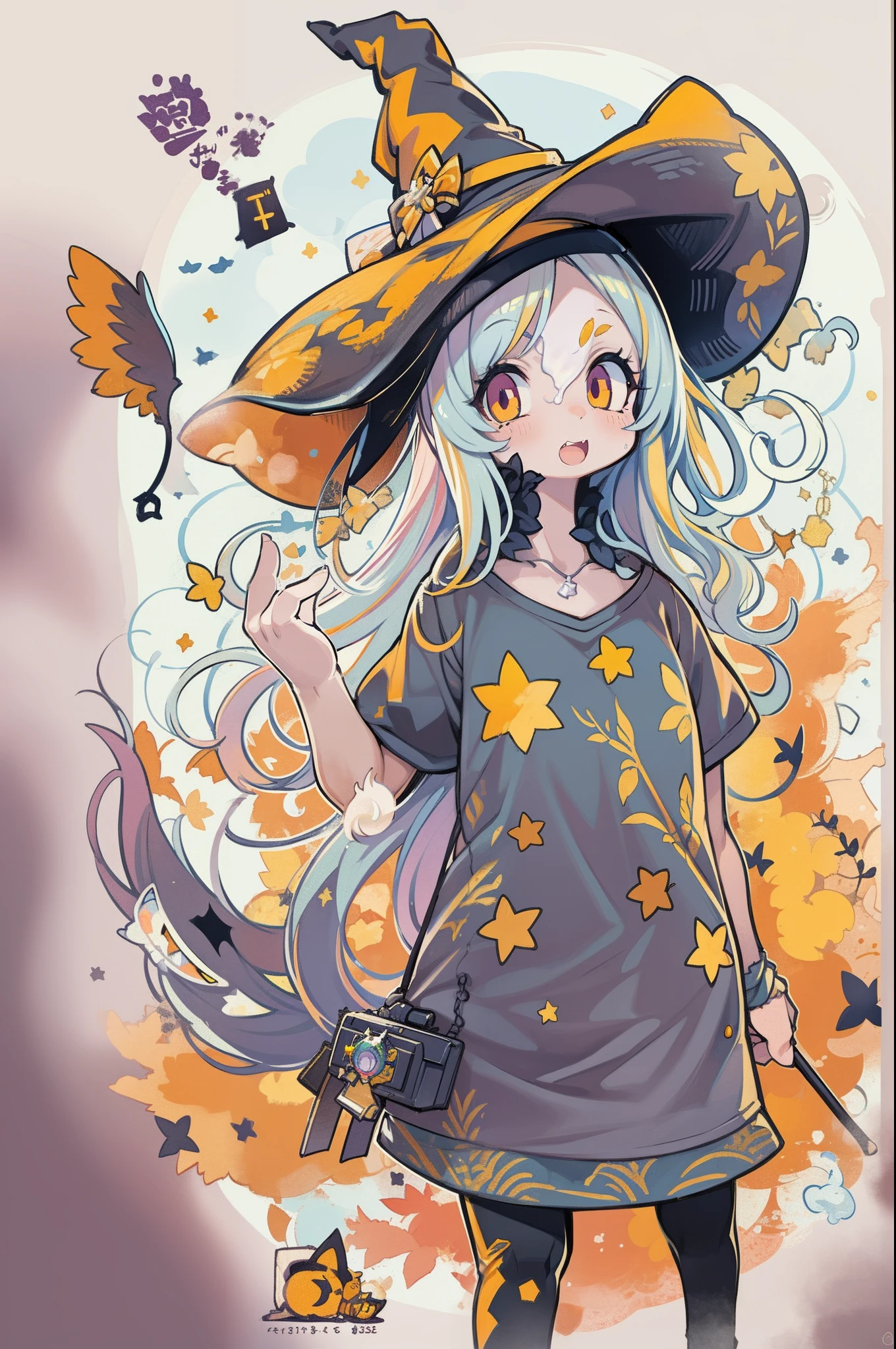 Charming Halloween witch, Random facial expressions, Random coloring, Cartoon style, 2D, planar vector, T-shirt design, Colorful splashes, Vector art, Fantasy Art, Watercolor effect,Digital Painting, white bg, 8K
