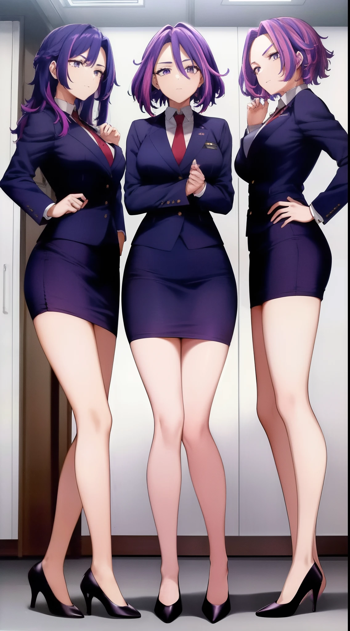 scan, (extremely detailed CG unity 8k wallpaper:1.1), highres, (3girls, identical triplets, clones), lady nagant, boku no hero academia, (purple hair), (multicolored hair), (purple eyes), business suit, blazer, pencil skirt, high heels, breasts, standing straight, trio, trio pose, ((matching outfits, matching hairstyles, matching faces))