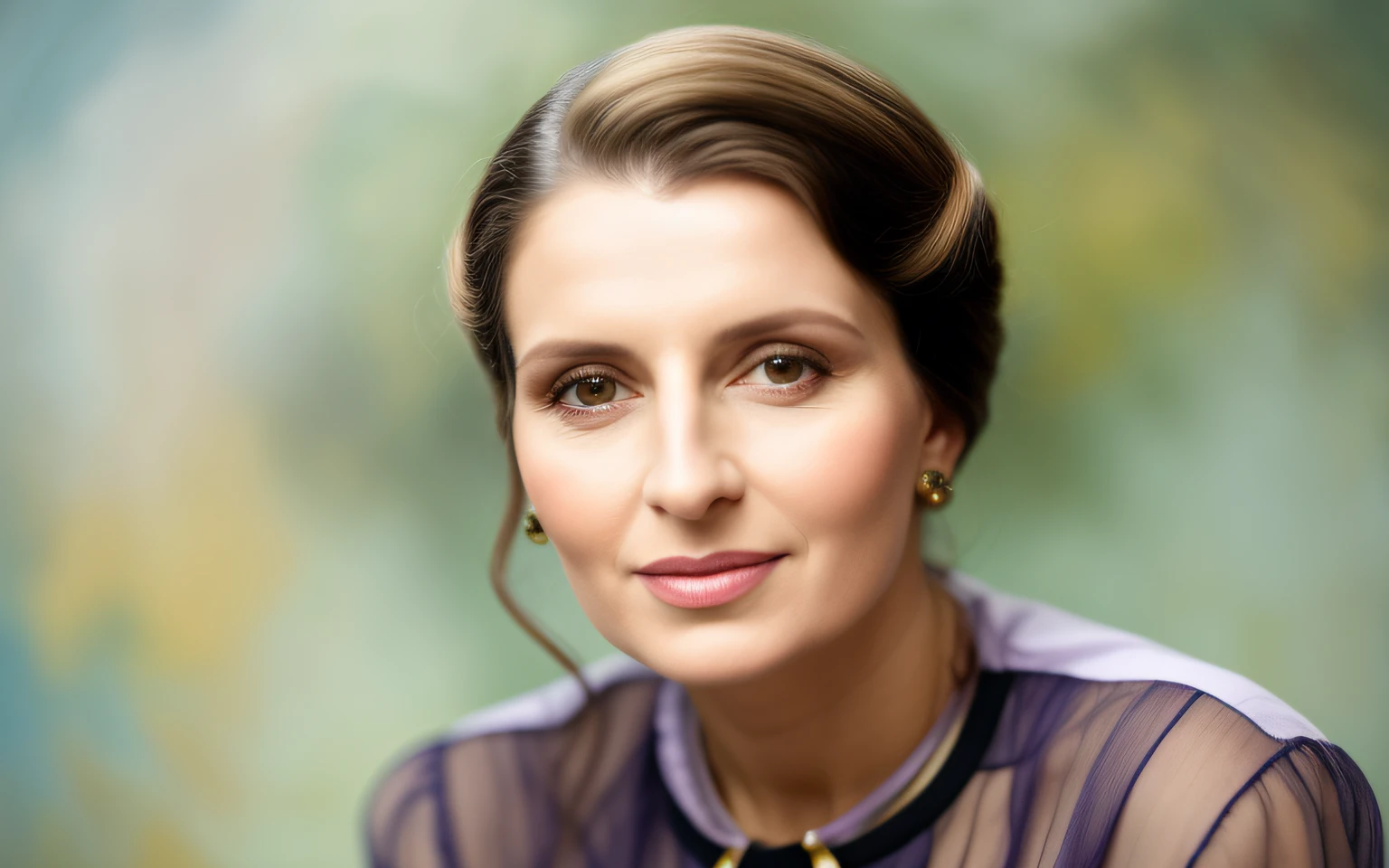Retrato arafed de uma mulher com um cabelo escuro e uma camisa roxa, retrato colorido, Olga Buzova, Retrato estilizado H 640, Retrato estilizado H 1280, art deco portrait, retrato de alta qualidade, fundo escuro