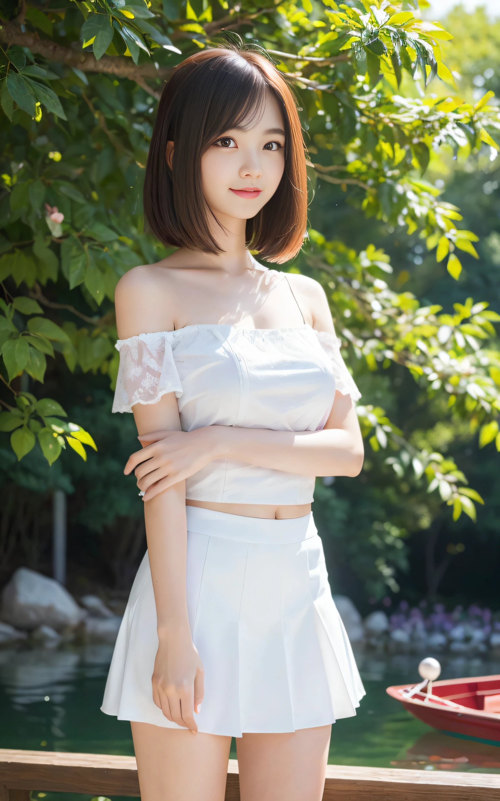((((top-quality))))、(((Ultra Precision CG16K Wallpapers)))、(((masterpiece)))、(((ultra-detailliert)))、(((Ultra-extreme details)))、One woman、a matural female、24-year-old woman、((Japanese face))、((extremely beautiful face))、((bob cuts:1.2))、(curly hair)、Bangs up to the eyebrows、Beautiful brown hair、Beautiful delicate eyes、Brown eyes、lofty nose、small nostrils、seductive lips、Beautiful breasts、C-cup size breasts、cleavage of the breast、Beautifully proportioned proportions、perfect anatomia、Beautiful and detailed shading、Beautiful natural lighting、Beautiful detail glow、depth of fields、(((a high chroma)))、((realisitic:1.9))、((Vivid:1.4))、((Beautiful skin))、((Skin texture))、dynamic ungle、((longshot))、((Angle from the front))、((a smile))、(Staring eyes)、Bright sunshine、((Sit on the lawn in the park))、(Background blur)、((White tank top:1.5))、((Grey pleated mini skirt:1.5))、(Silver Necklace)、((2 beautiful legs:1.5))、