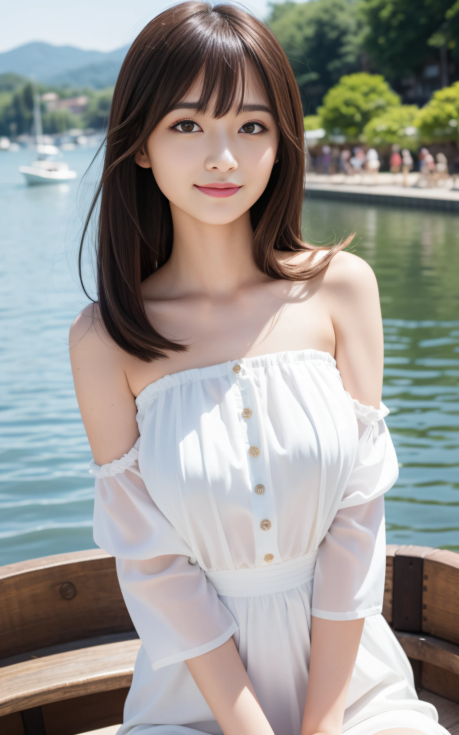 ((Best Quality, 8K, masutepiece: 1.3)), (Sharp Focus: 1.2), A quaint lakeside village with colorful rowboats on the shore, 1 girl, Full body, stunning elegant pose,Neat and clean beauty, 20 years old, Half Japan and half American, Looking away, Classy and elegant, A pretty girl with perfect figure, shyly smile, Cute, Shy, ((Shoulder-length straight hair swaying in the wind, Bangs)), Big breasts, (Blouse: 1.1), Skirt, Highly detailed face and skin texture, Detailed eyes, Background bokeh,