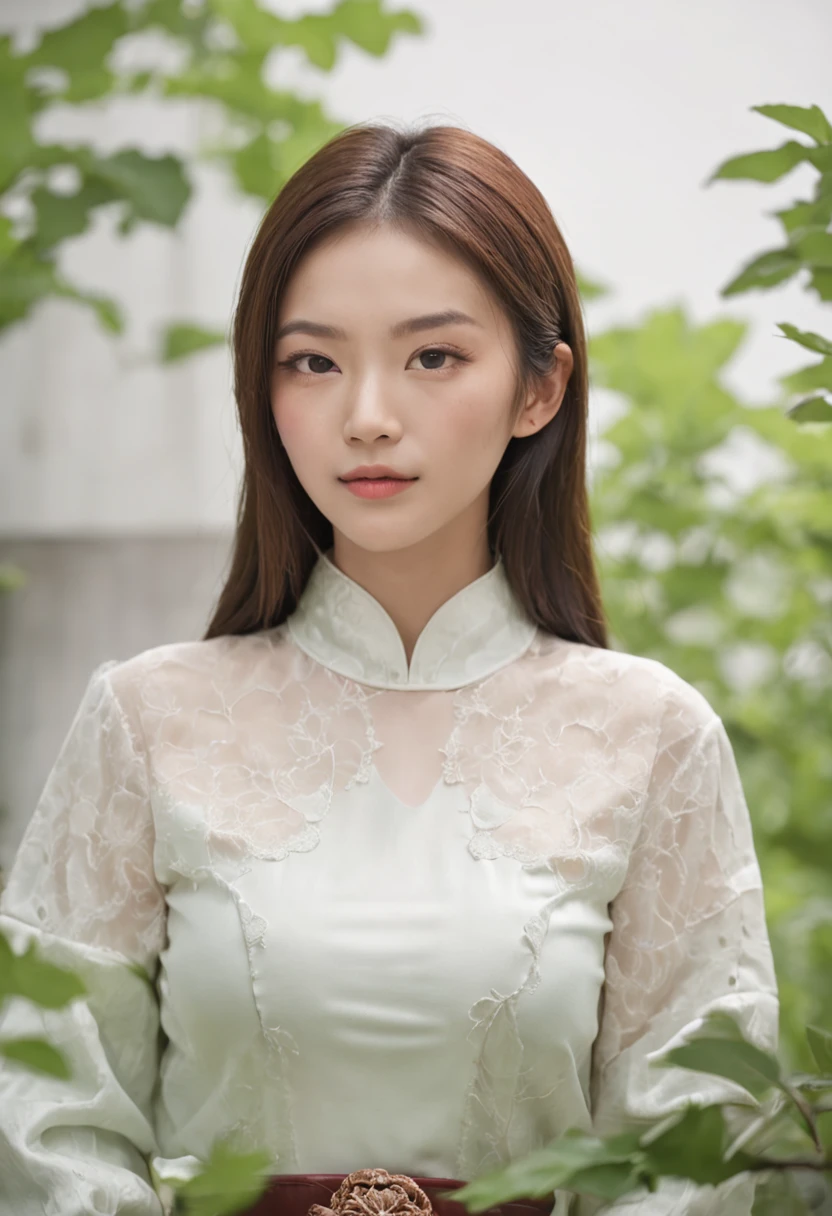 Chinese beautiful woman,White color blouse,Sit behind a table,Positive perspective,Green leaves blur the foreground,Simple background,Ultra-fine face,Fine eyes,二重まぶた