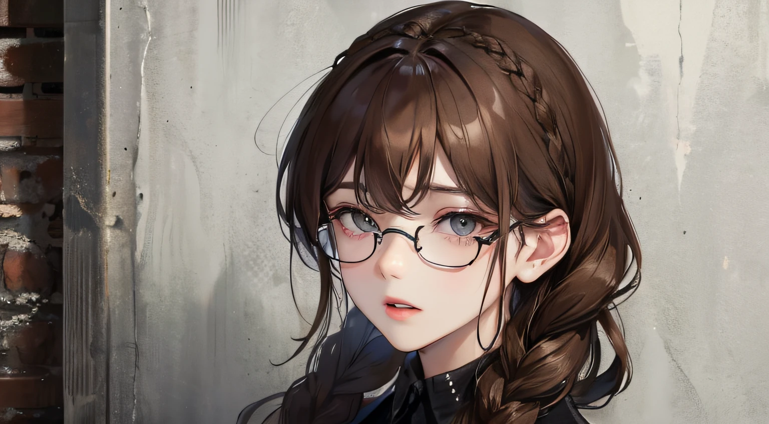 (((1人の女性)))、(Top resolution、Distinct_image) best qualtiy、masterpiece、((Burnt walls))、ighly detailed、Semi-realistic、Brown hair、eye glass、Braided hairstyle、deadpan、bangss、21 years old、Mature、年轻、natta、Black shirt、delicated facial features、Facial features、mid-shot