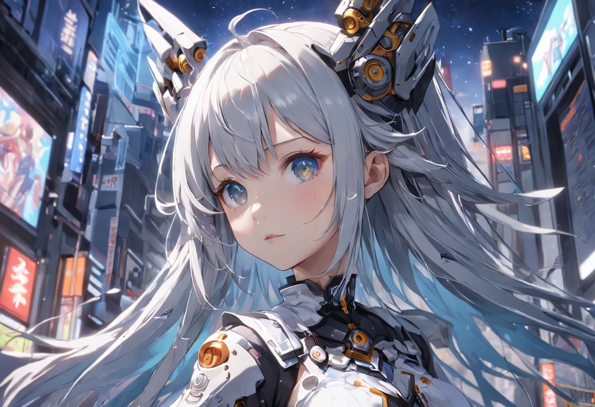 masterpiece、top-quality、ultra-detailliert、very detailed illustration、ighly detailed、intricate-detail、hight resolution、super complex details、Highly detailed 8k CG wallpapers、Caustics、Reflectors、光线追踪、(1girl in:1.4)、独奏、Single、mecha musume、head gear、Very long hair、 silber hair、Random actions、Cyber City、starrysky、sky line、The moon was illuminated、细致背景、((masterpiece))、absurderes、nffsw、maid clothes、shrine maiden clothe、Exoskeleton tights、Random angles、animesque