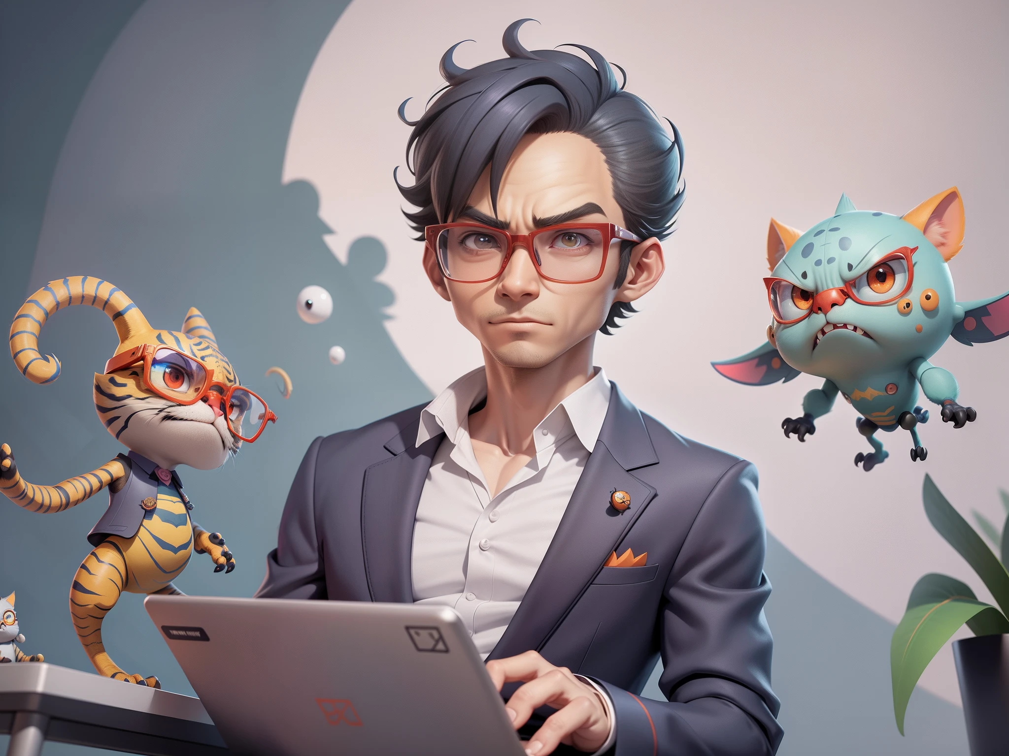 A young man in a suit, Short hair and glasses sat at his desk，holding laptop，digitial painting，tigre，3D character design by Mark Clairen and Pixar and Hayao Miyazaki and Akira Toriyama，4K HD illustration，Very detailed facial features and cartoon-style visuals。