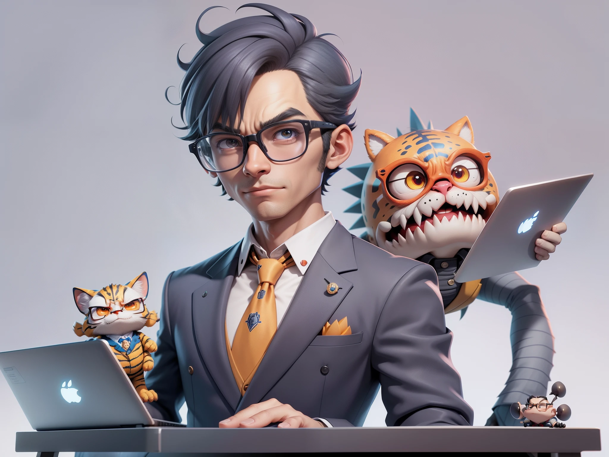 A young man in a suit, Short hair and glasses sat at his desk，holding laptop，digitial painting，tigre，3D character design by Mark Clairen and Pixar and Hayao Miyazaki and Akira Toriyama，4K HD illustration，Very detailed facial features and cartoon-style visuals。