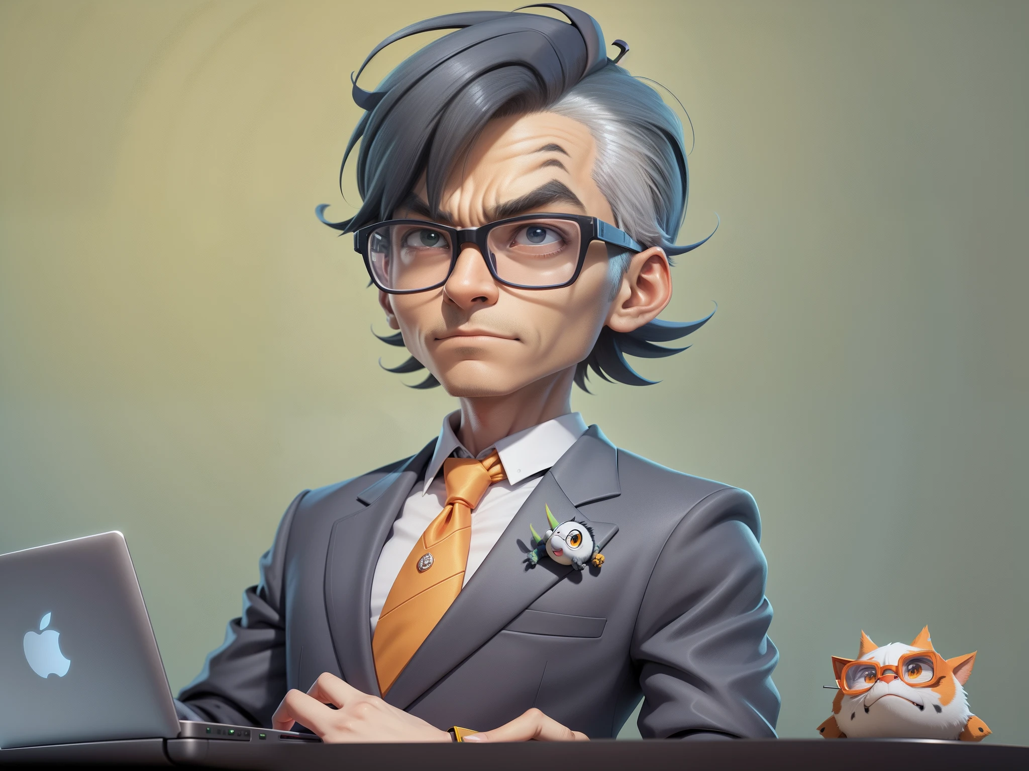 A young man in a suit, Short hair and glasses sat at his desk,holding laptop,digitial painting,tigre,3D character design by Mark Clairen and Pixar and Hayao Miyazaki and Akira Toriyama,4K HD illustration,Very detailed facial features and cartoon-style visuals。